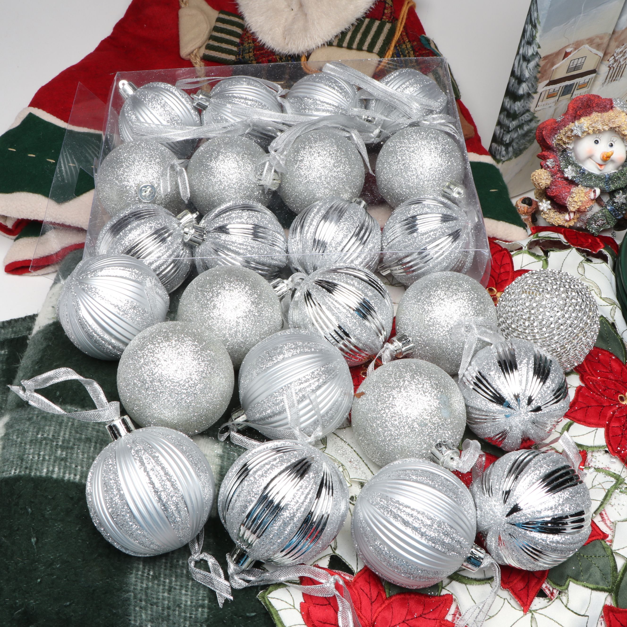 Holiday Table Decor, Plates and Mug, Christmas Ornaments, Tree Skirt, and More