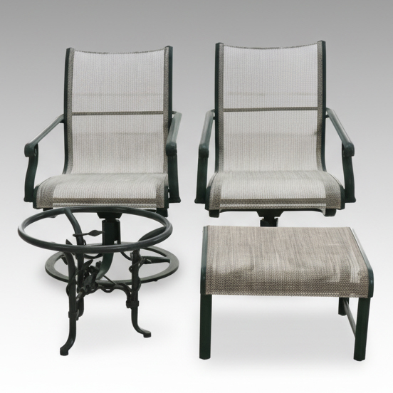 Pair of Brown Jordan Patio Chairs, Accent Table Base, and Ottoman