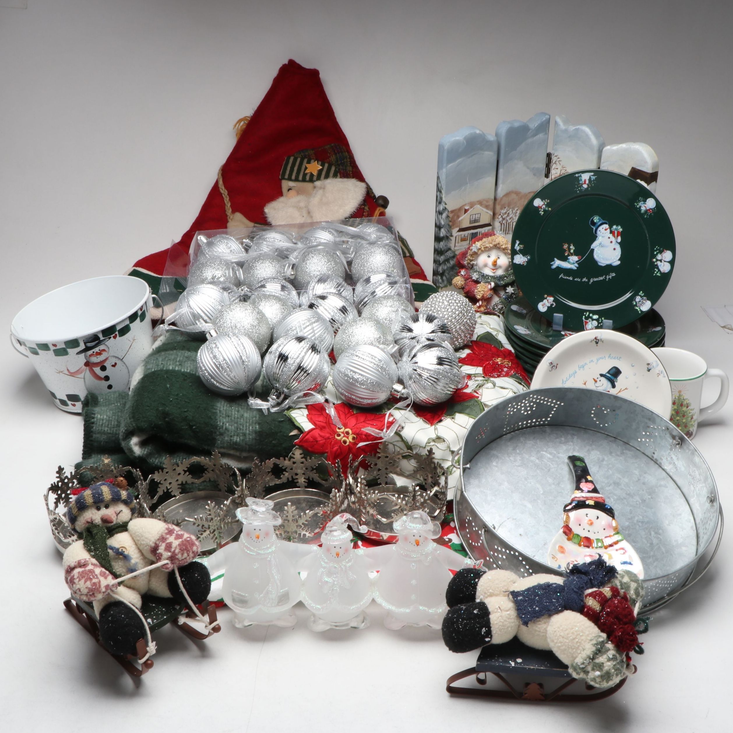 Holiday Table Decor, Plates and Mug, Christmas Ornaments, Tree Skirt, and More