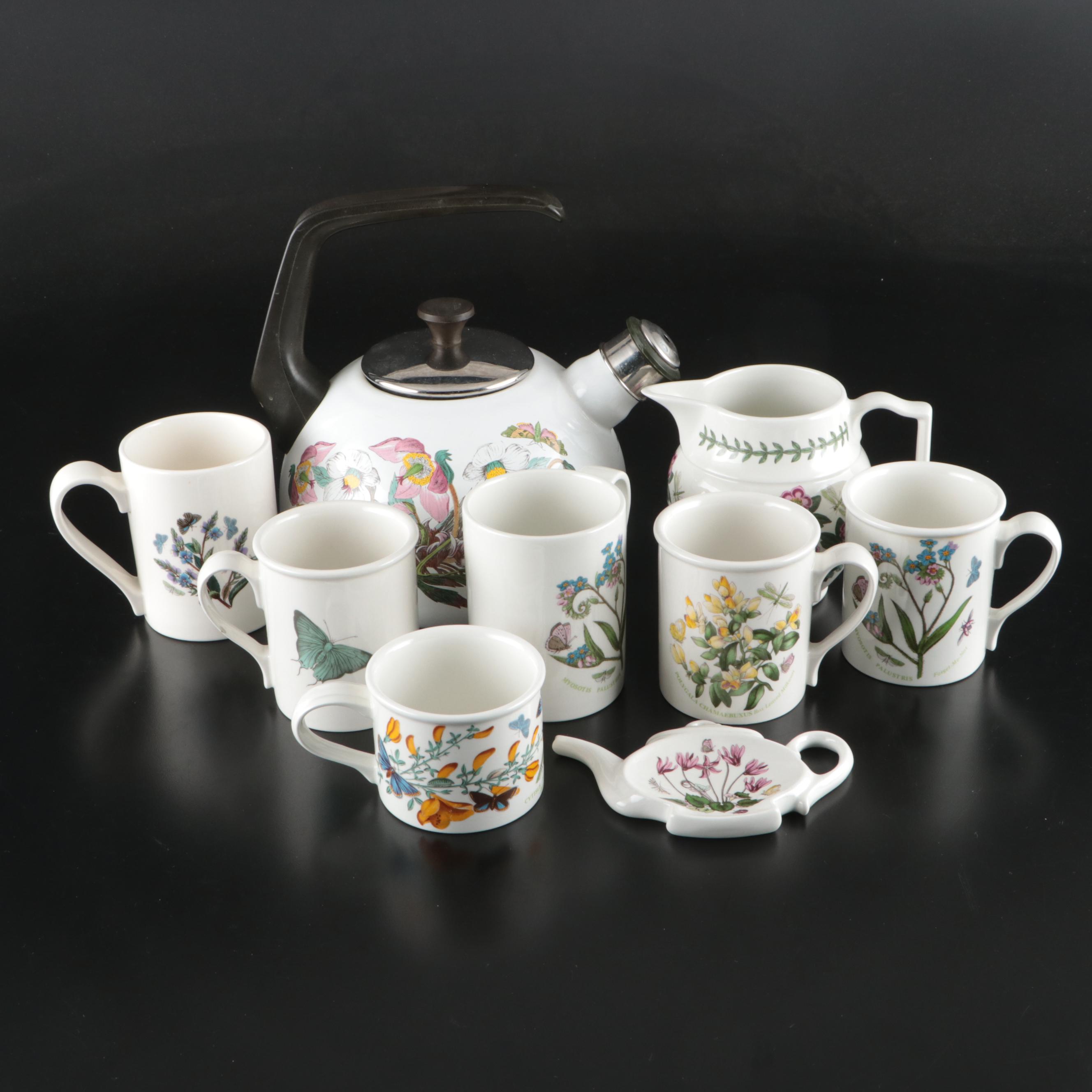 Portmeirion "The Botanic Garden" Metal Tea Kettle with Ceramic Mugs