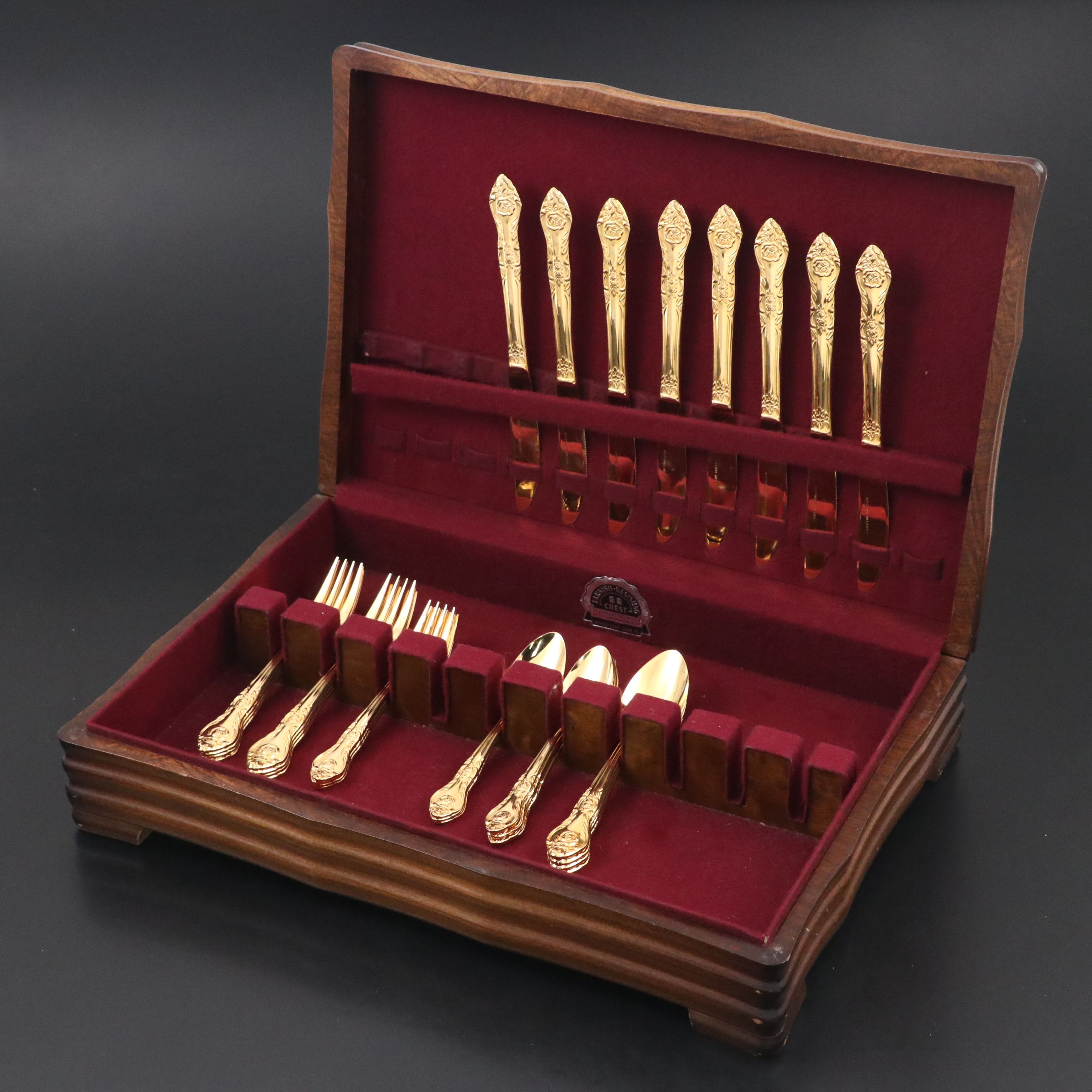 Lifetime Cutlery Gilt Finish Stainless Steel Flatware with Wooden Case