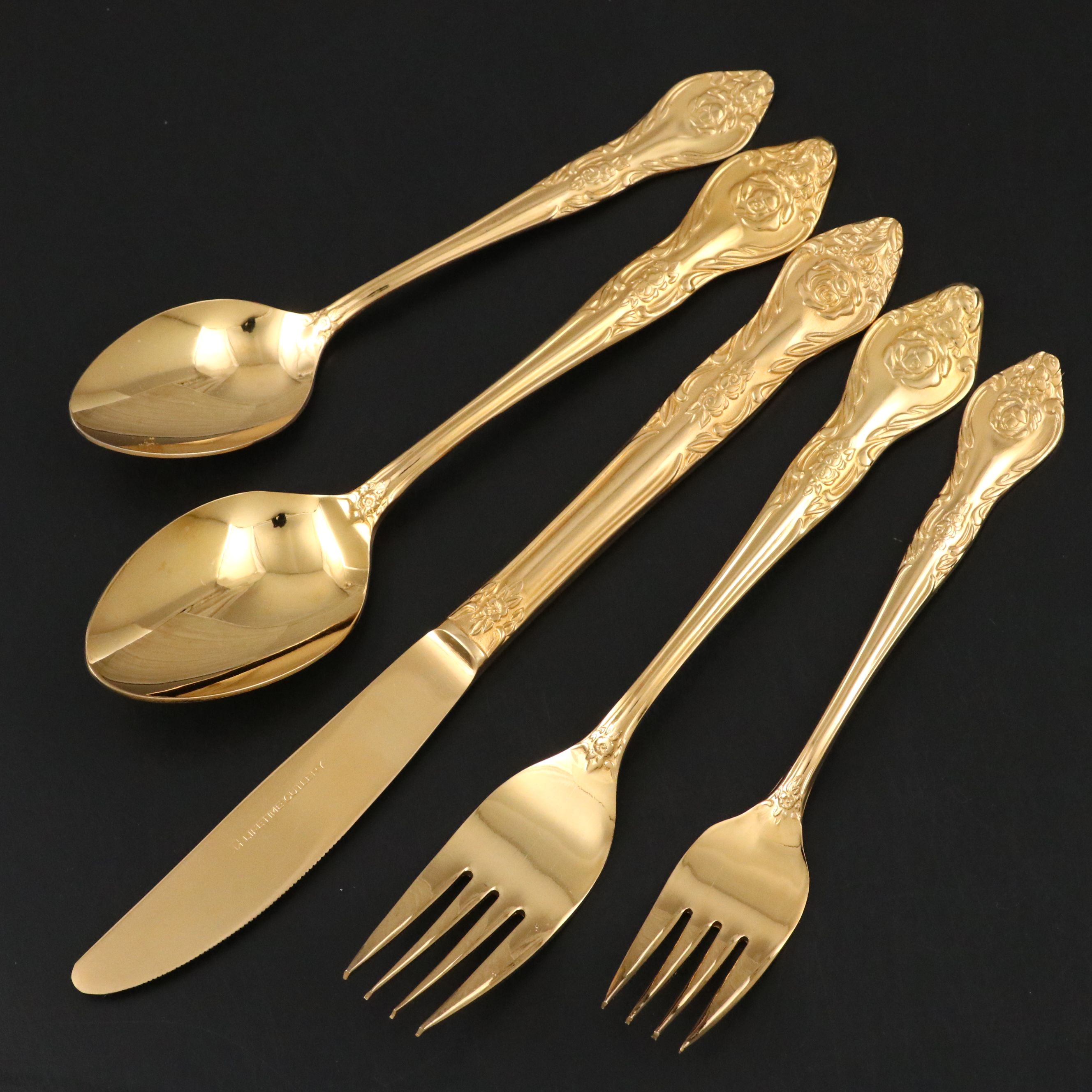 Lifetime Cutlery Gilt Finish Stainless Steel Flatware with Wooden Case