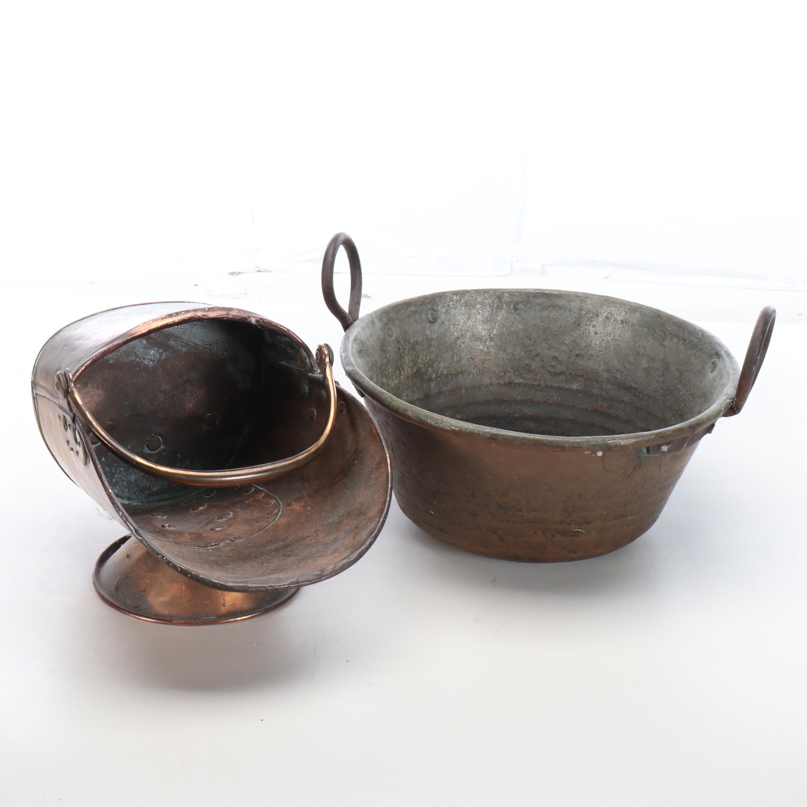 Primitive Copper Coal Scuttle and Hearth Pot