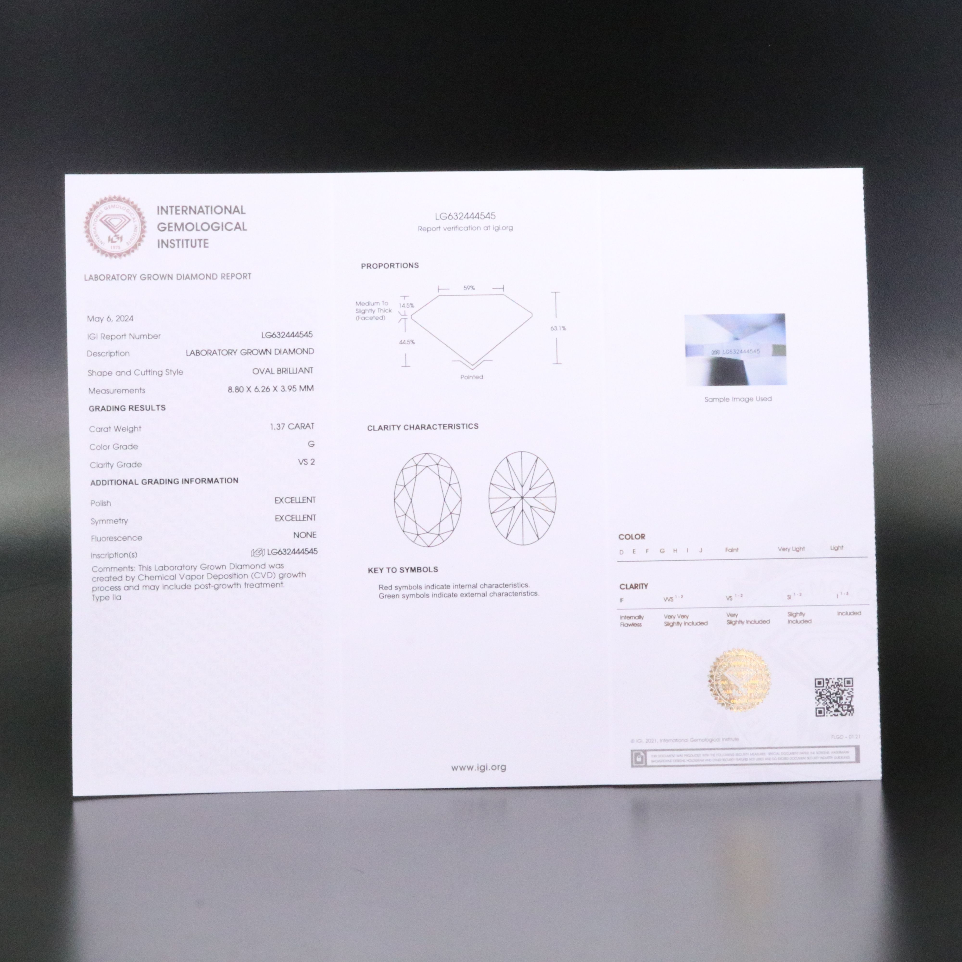 Loose 1.37 CT Lab Grown Diamond with IGI Report