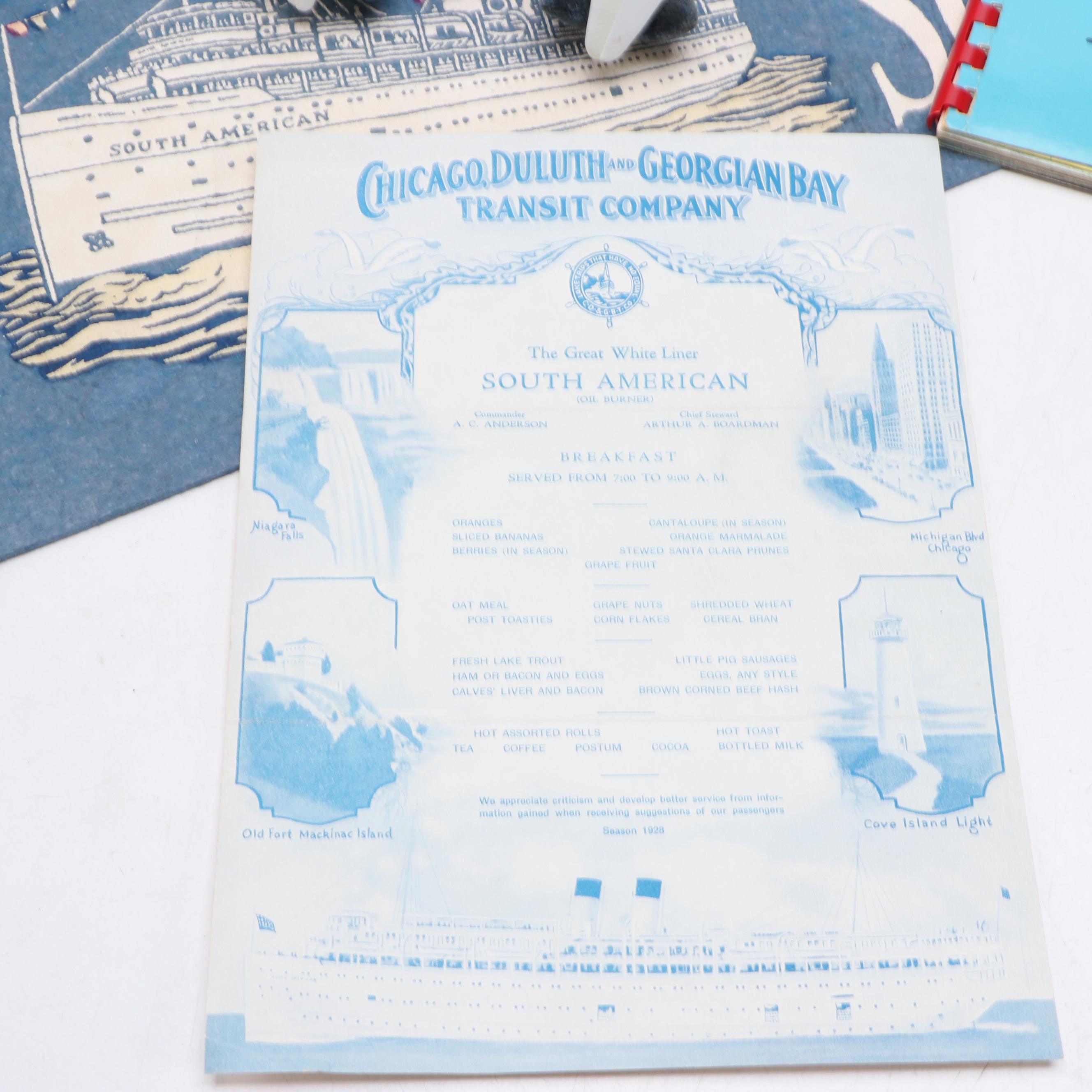 S.S. South American Menu with Pennant, Doll and More, Mid to Late 20th Century
