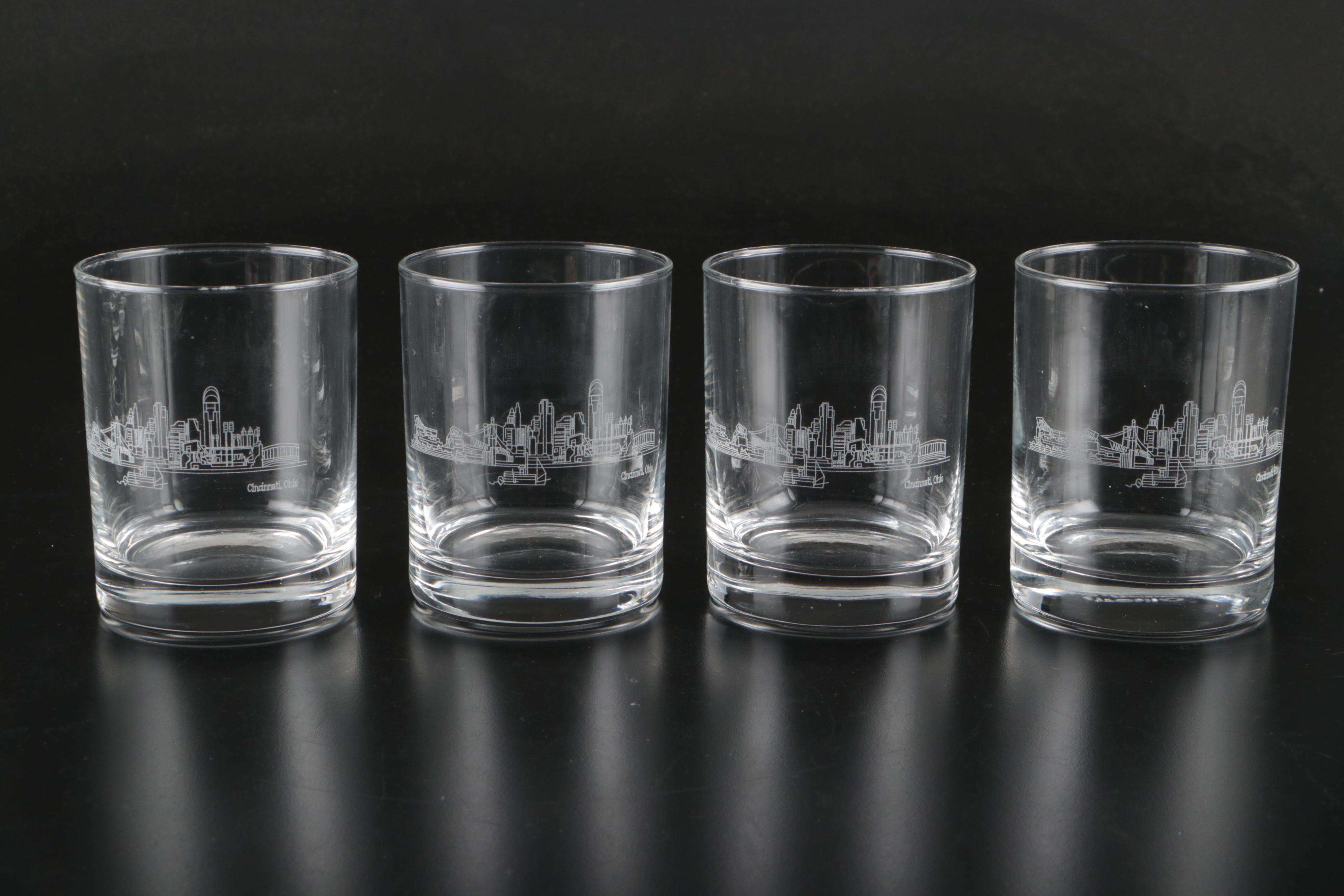 Cincinnati Gilson's Etched Landmark Double Old Fashioned Glasses and Plates