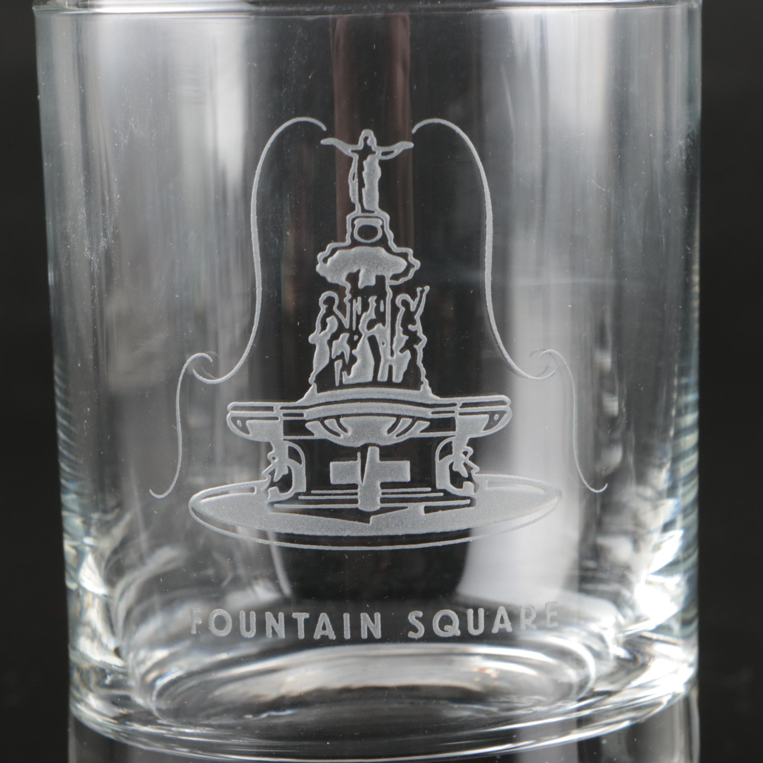 Cincinnati Gilson's Etched Landmark Double Old Fashioned Glasses and Plates