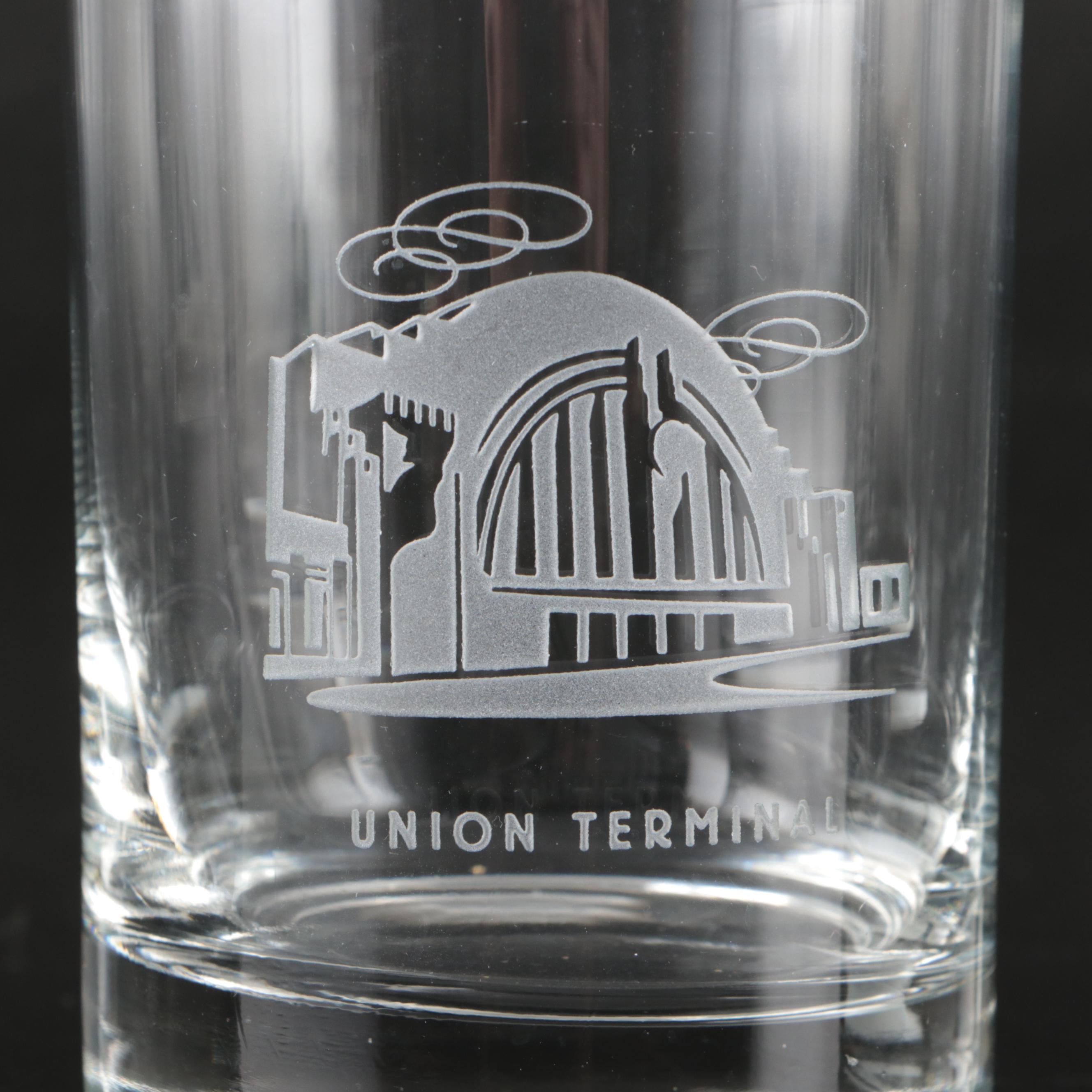 Cincinnati Gilson's Etched Landmark Double Old Fashioned Glasses and Plates