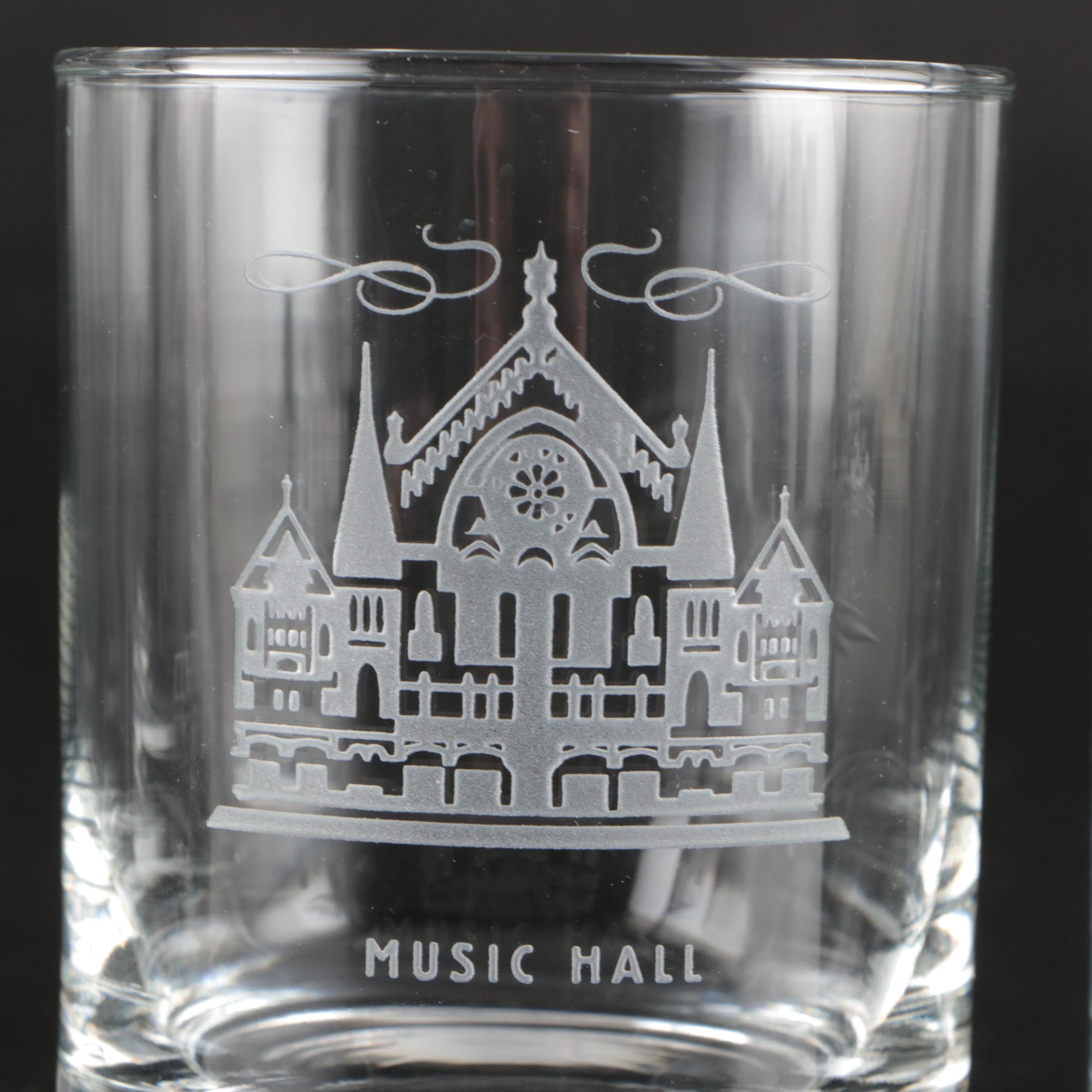 Cincinnati Gilson's Etched Landmark Double Old Fashioned Glasses and Plates