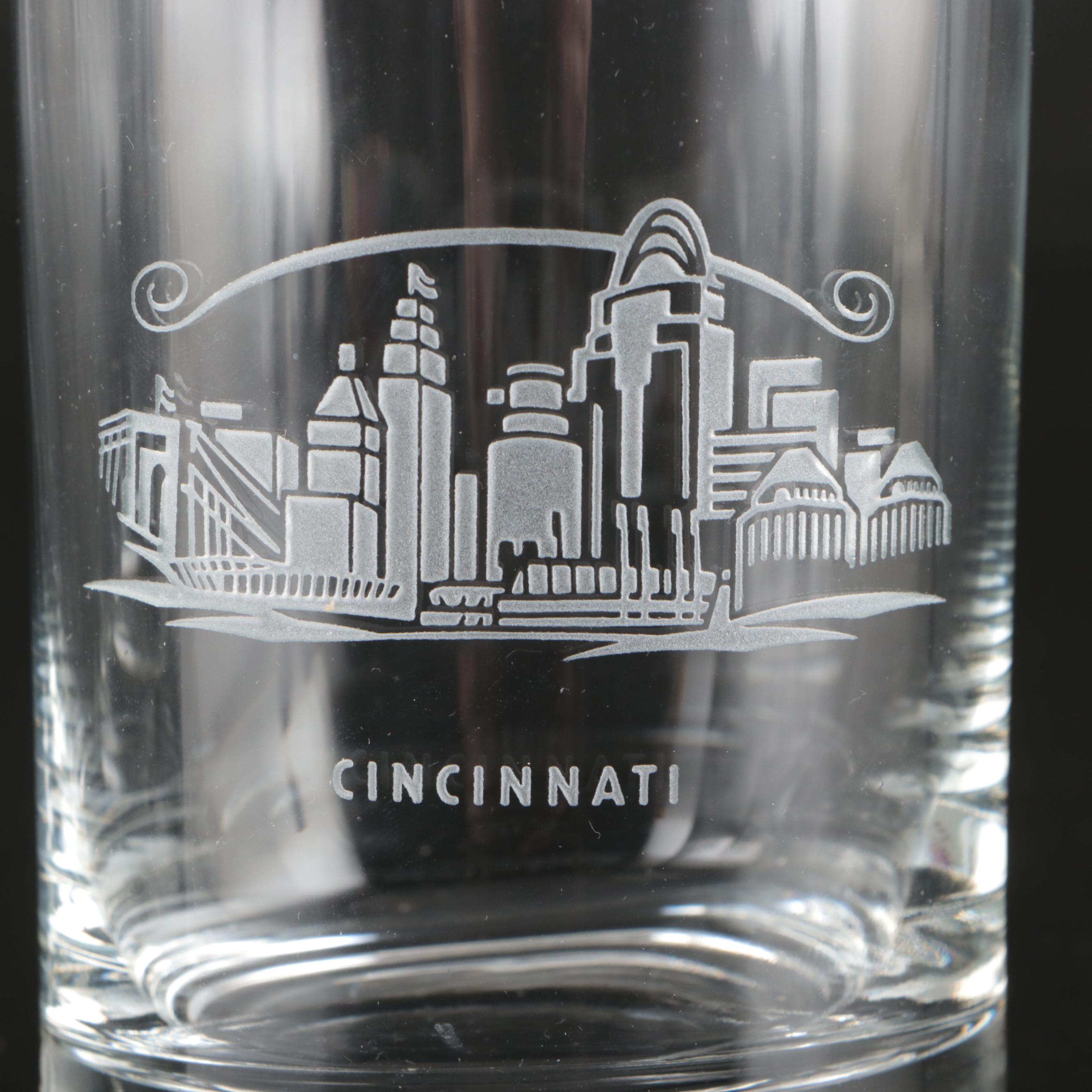 Cincinnati Gilson's Etched Landmark Double Old Fashioned Glasses and Plates