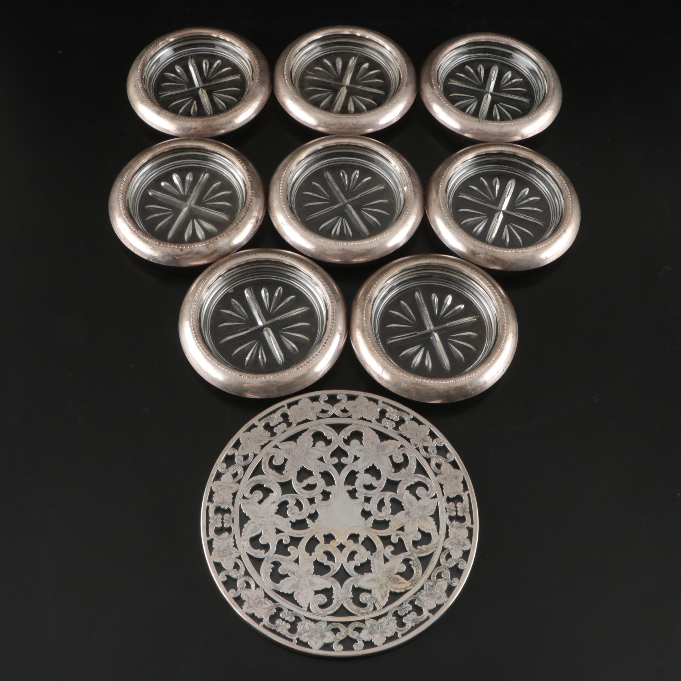 Webster Sterling Overlaid Glass Trivet and F.B. Rogers Coasters