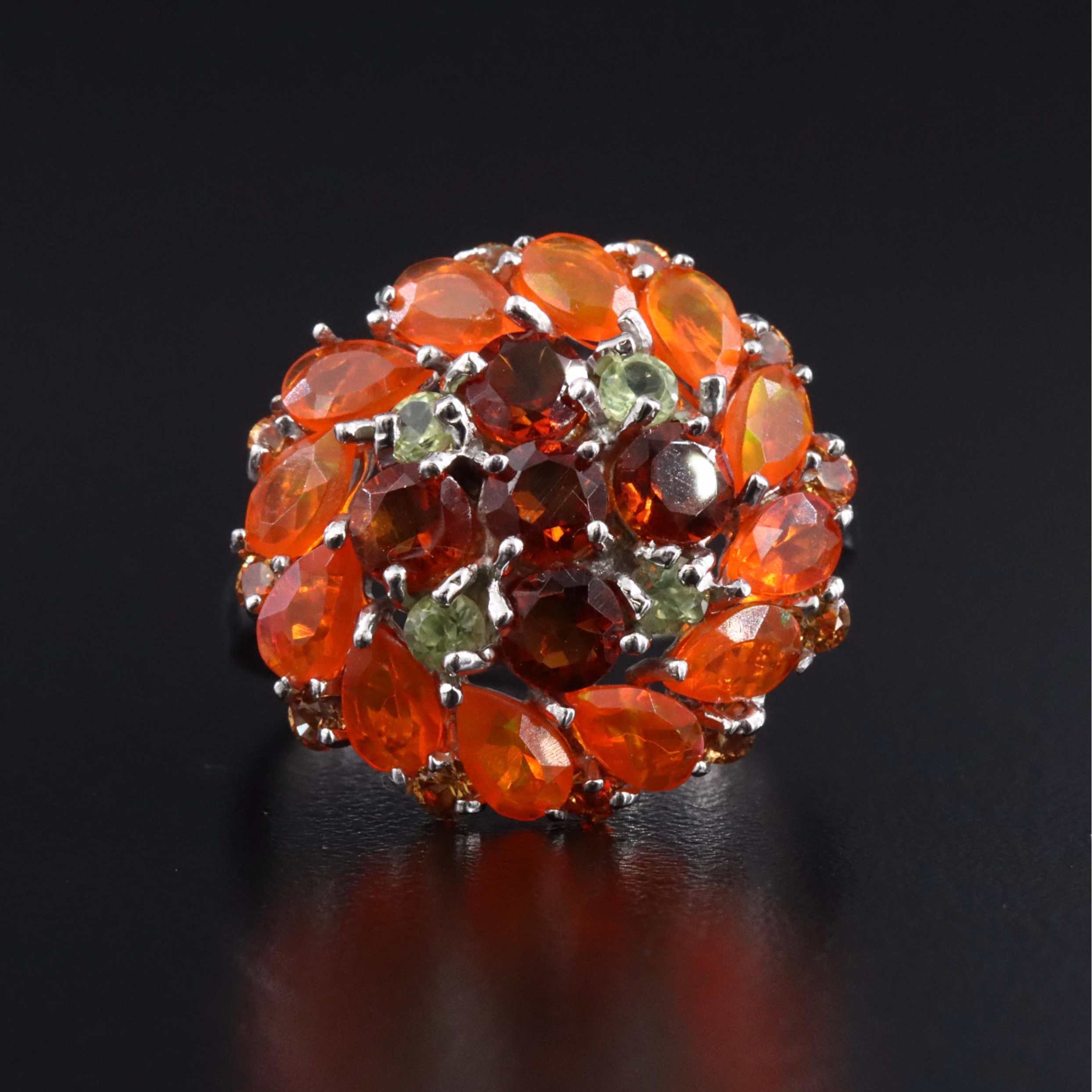 Sterling Opal, Peridot and Sapphire Cluster Ring