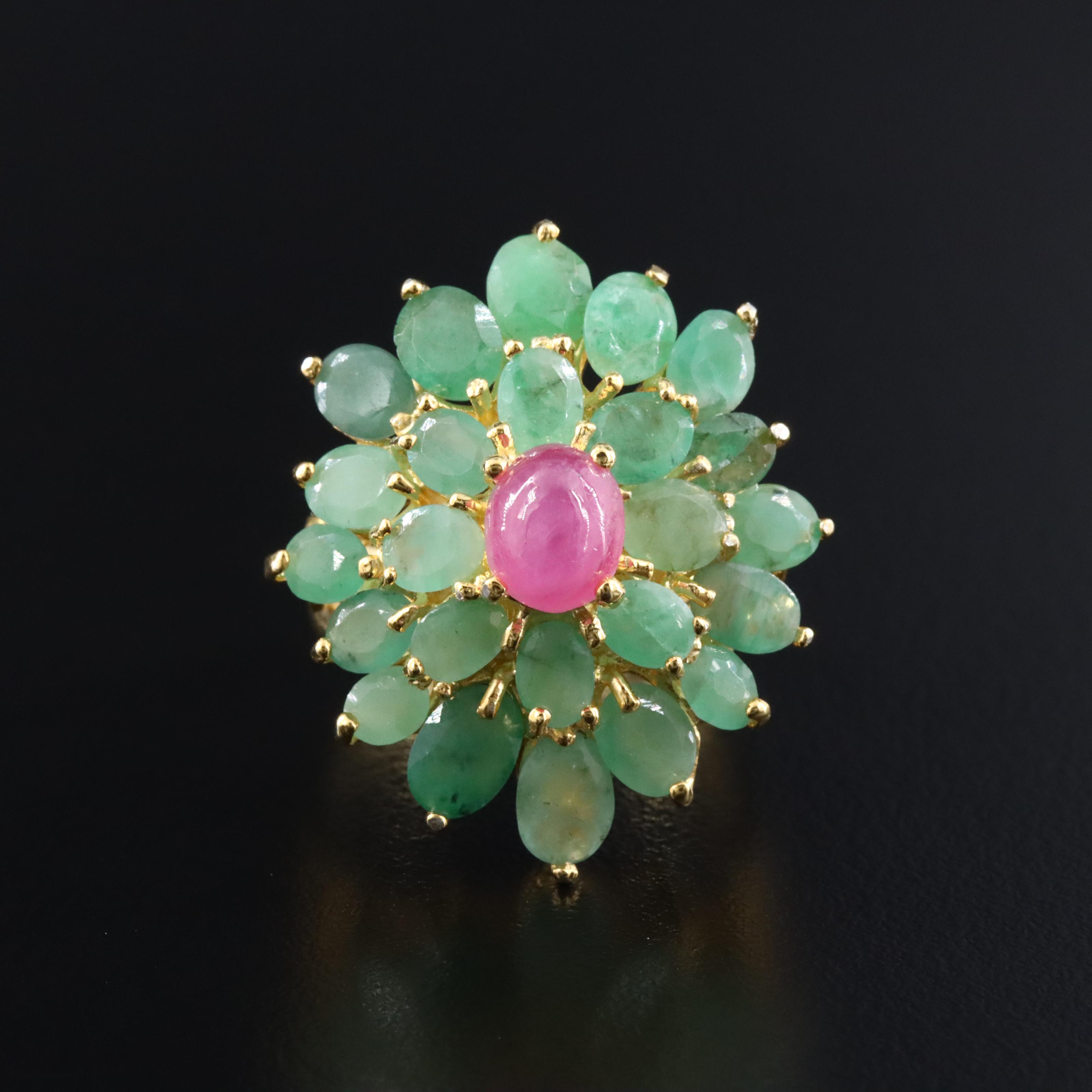 Sterling Ruby and Emerald Floral Cluster Ring