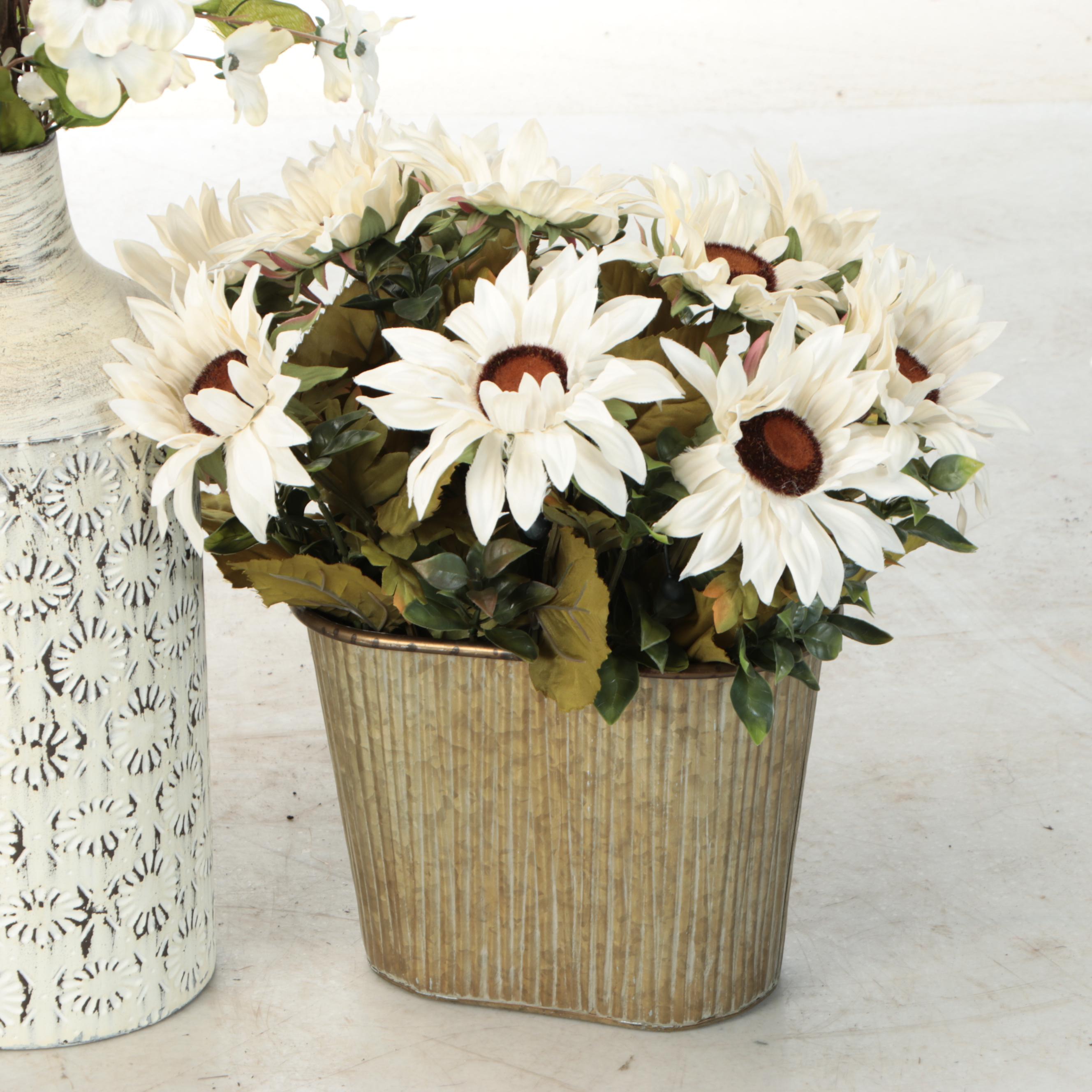 Artificial Flower Arrangements in Metal Canisters