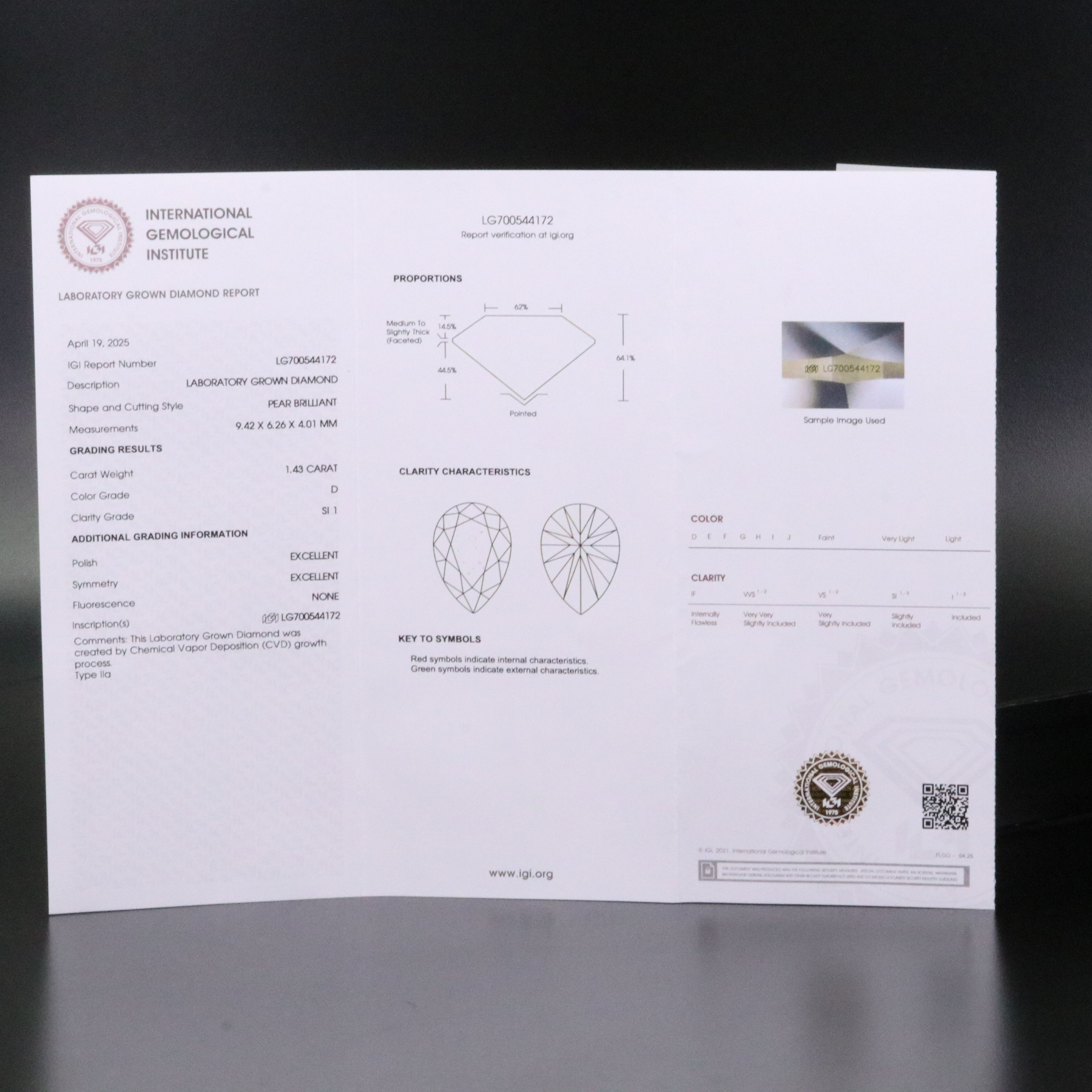 Loose 1.43 CT Lab Grown Diamond with IGI Report