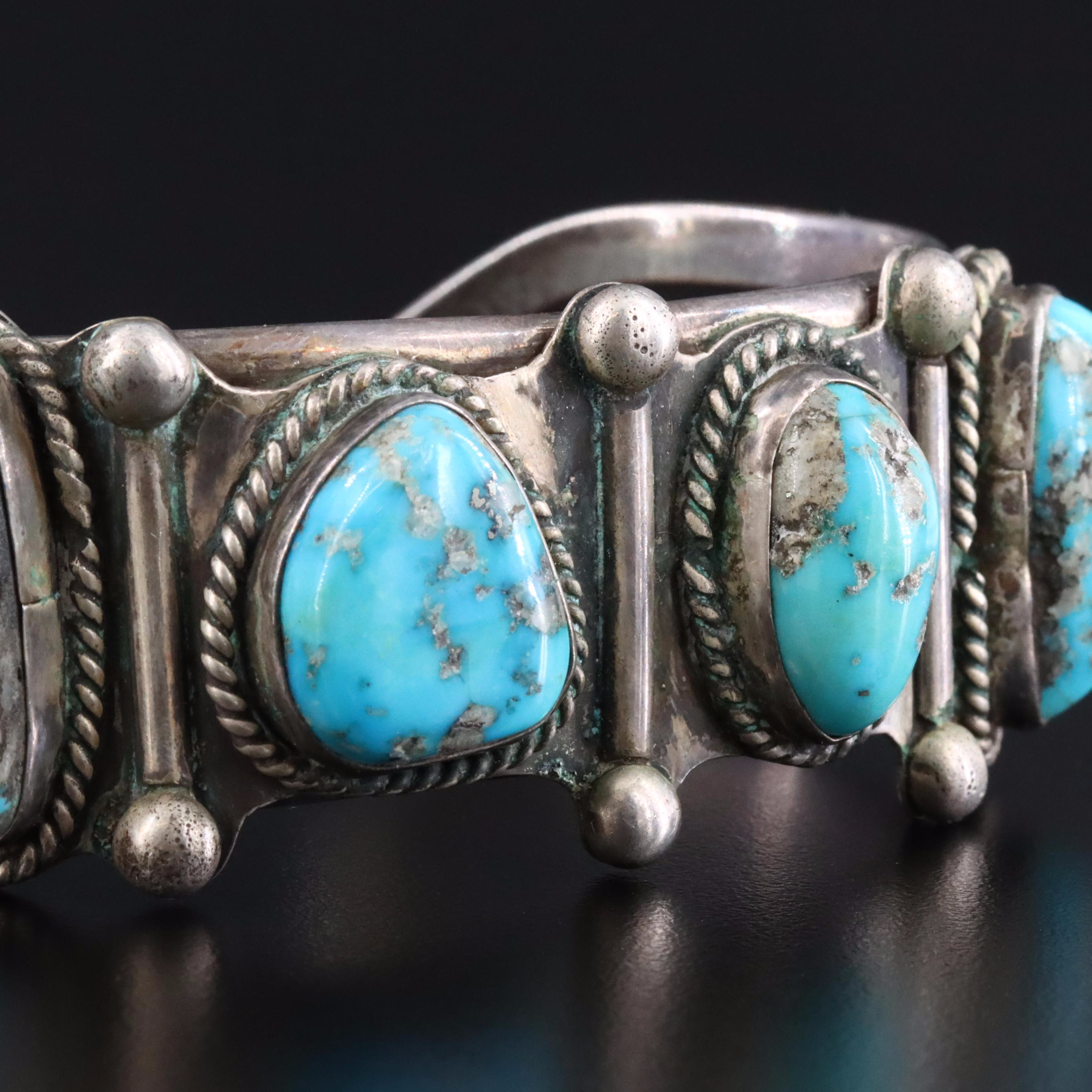 Southwestern Signed Sterling Turquoise Cuff Bracelet