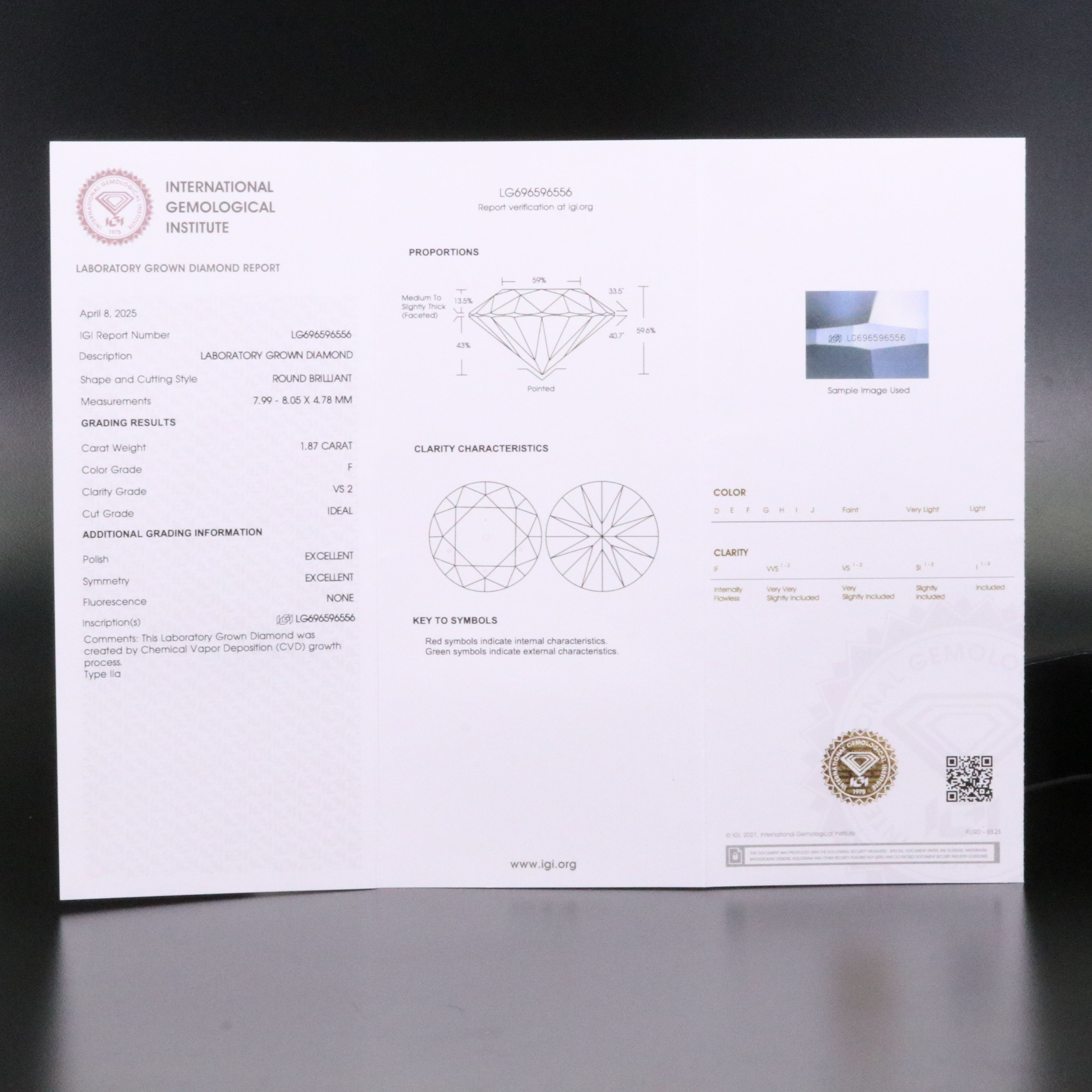 Loose 1.87 CT Lab Grown Diamond with IGI Report