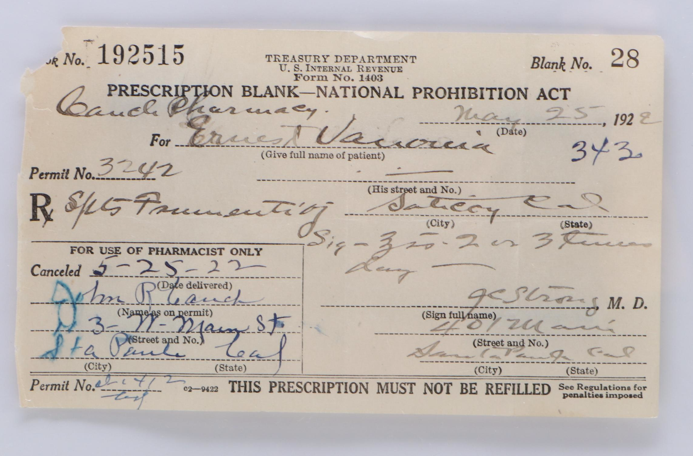 Prohibition Era Prescription Form for Alcohol, 1922