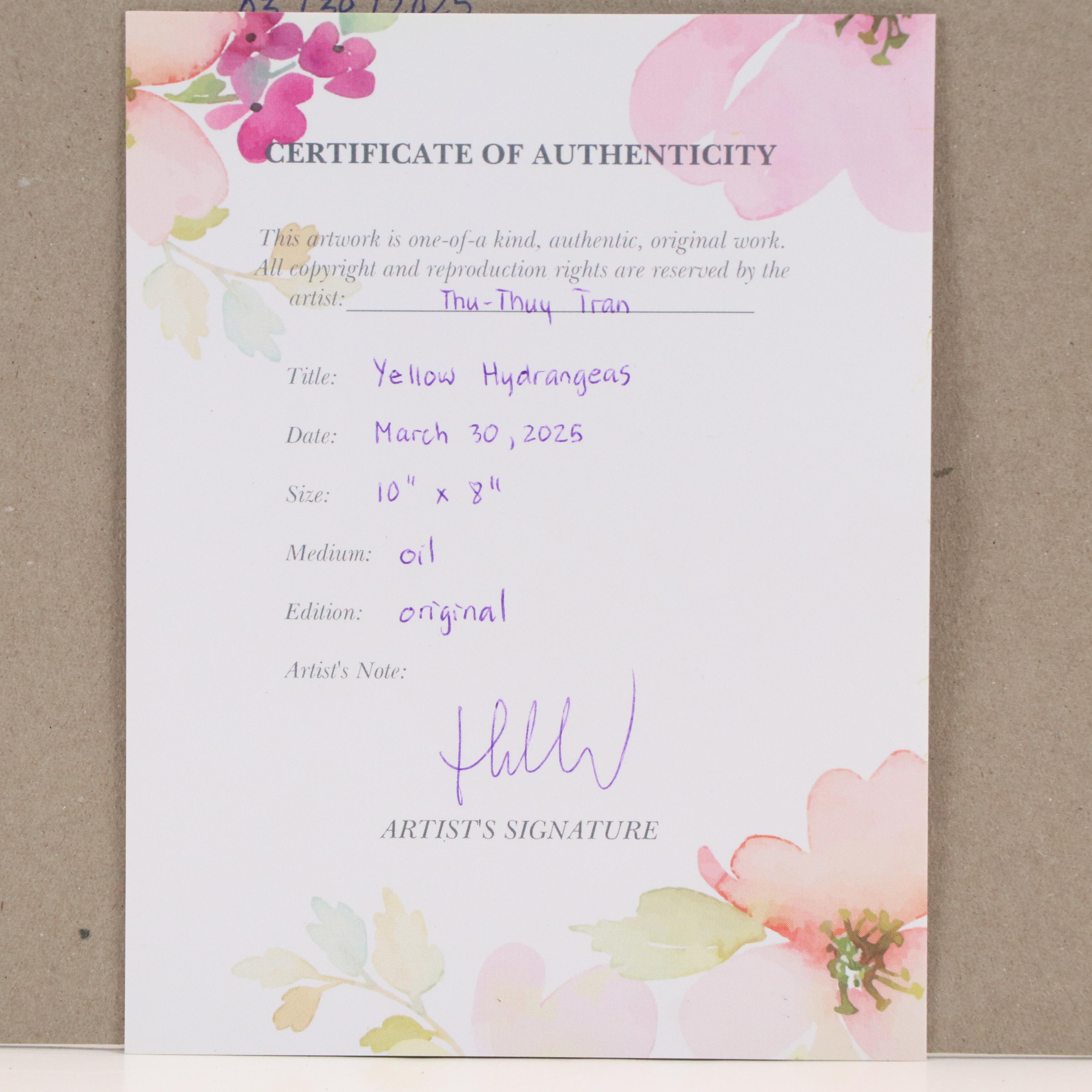 Thu-Thuy Tran Oil Painting "Yellow Hydrangeas," 2025