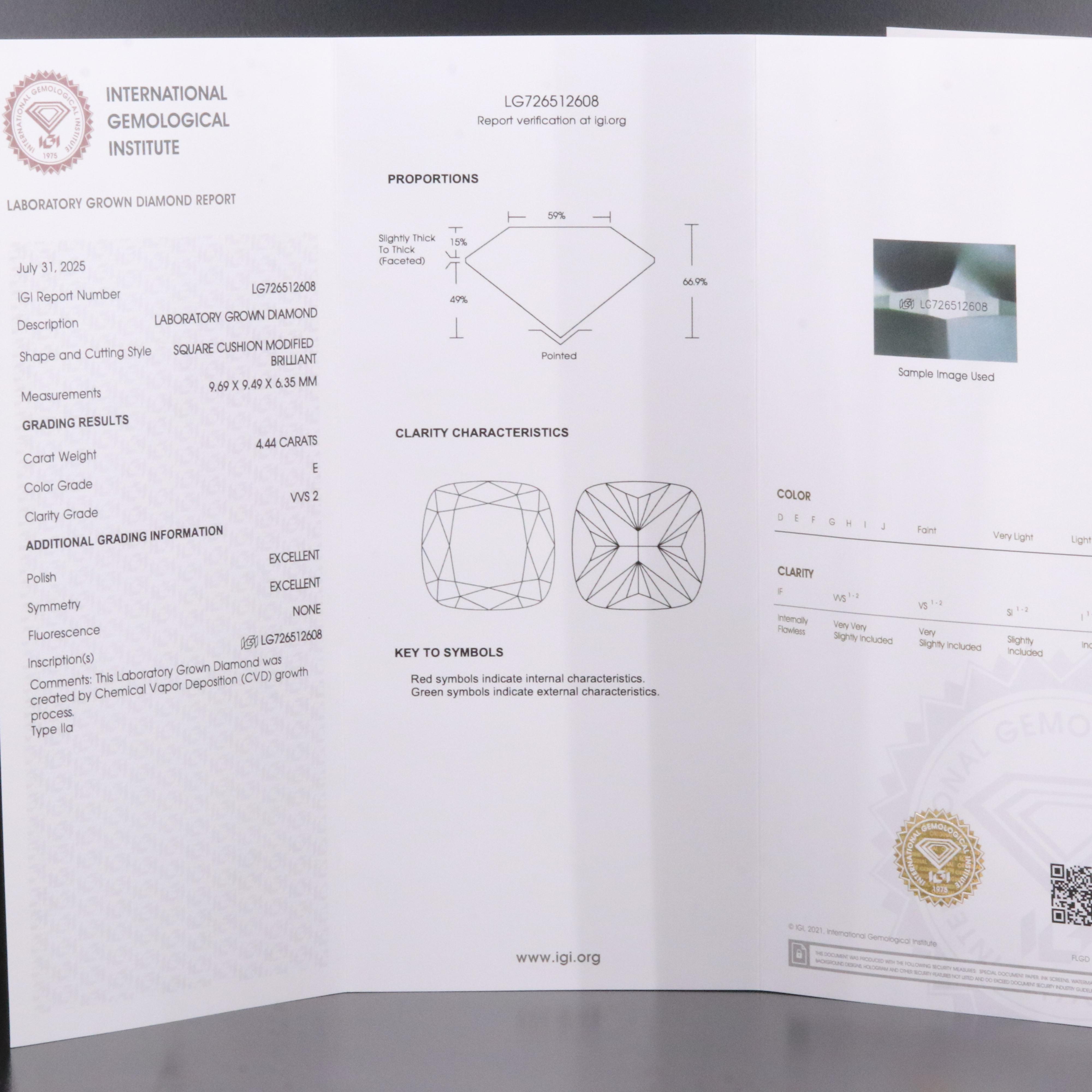 Loose 4.44 CT Lab Grown Diamond with IGI Report