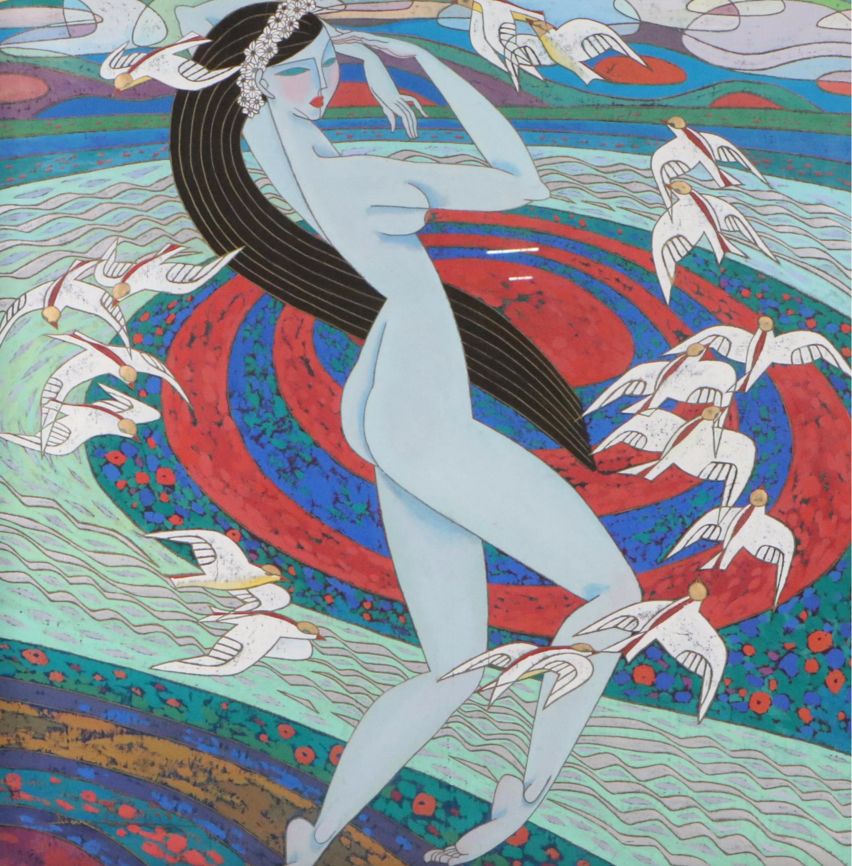 Xiang Qong Figural Gouache Painting "Lady with Birds," 1989