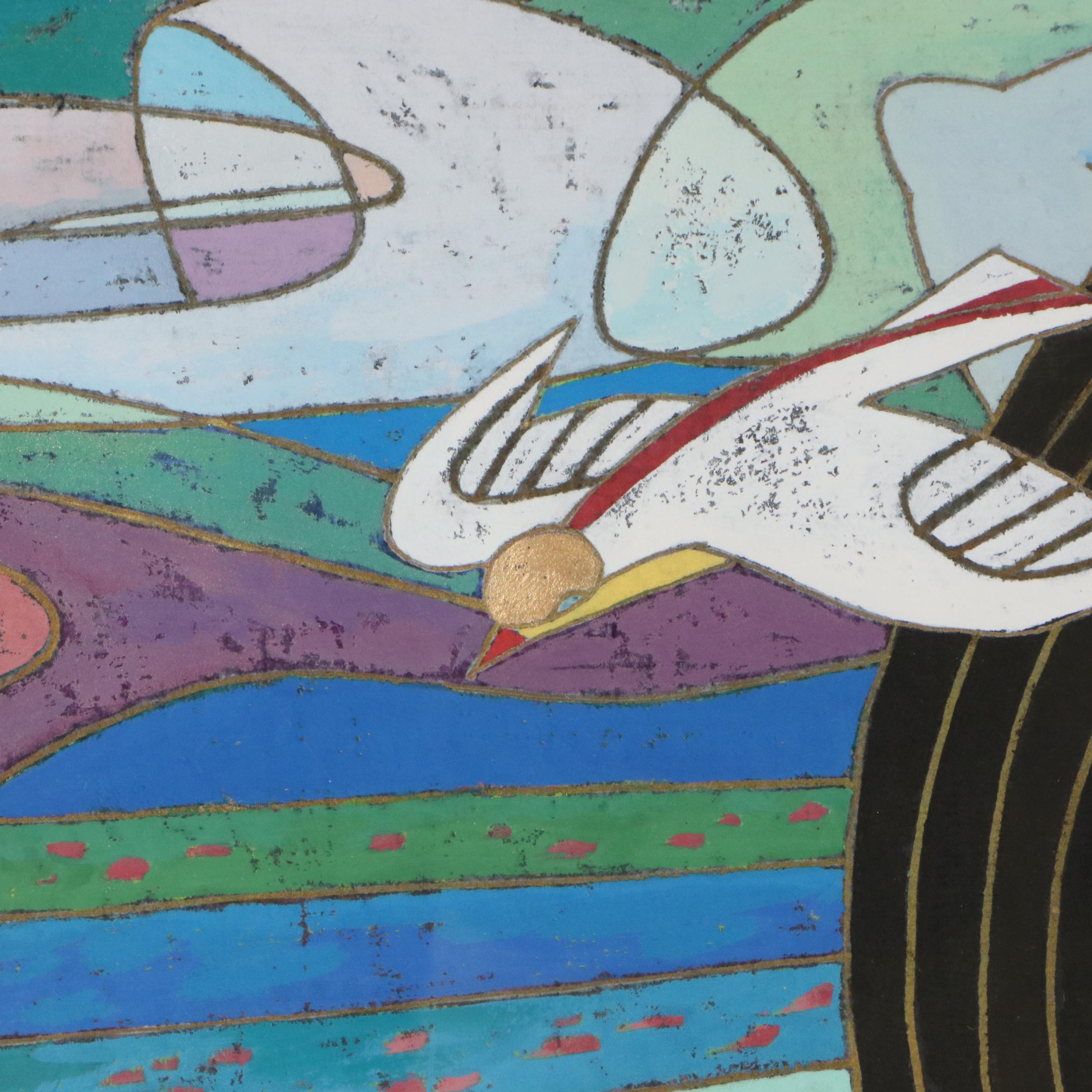 Xiang Qong Figural Gouache Painting "Lady with Birds," 1989