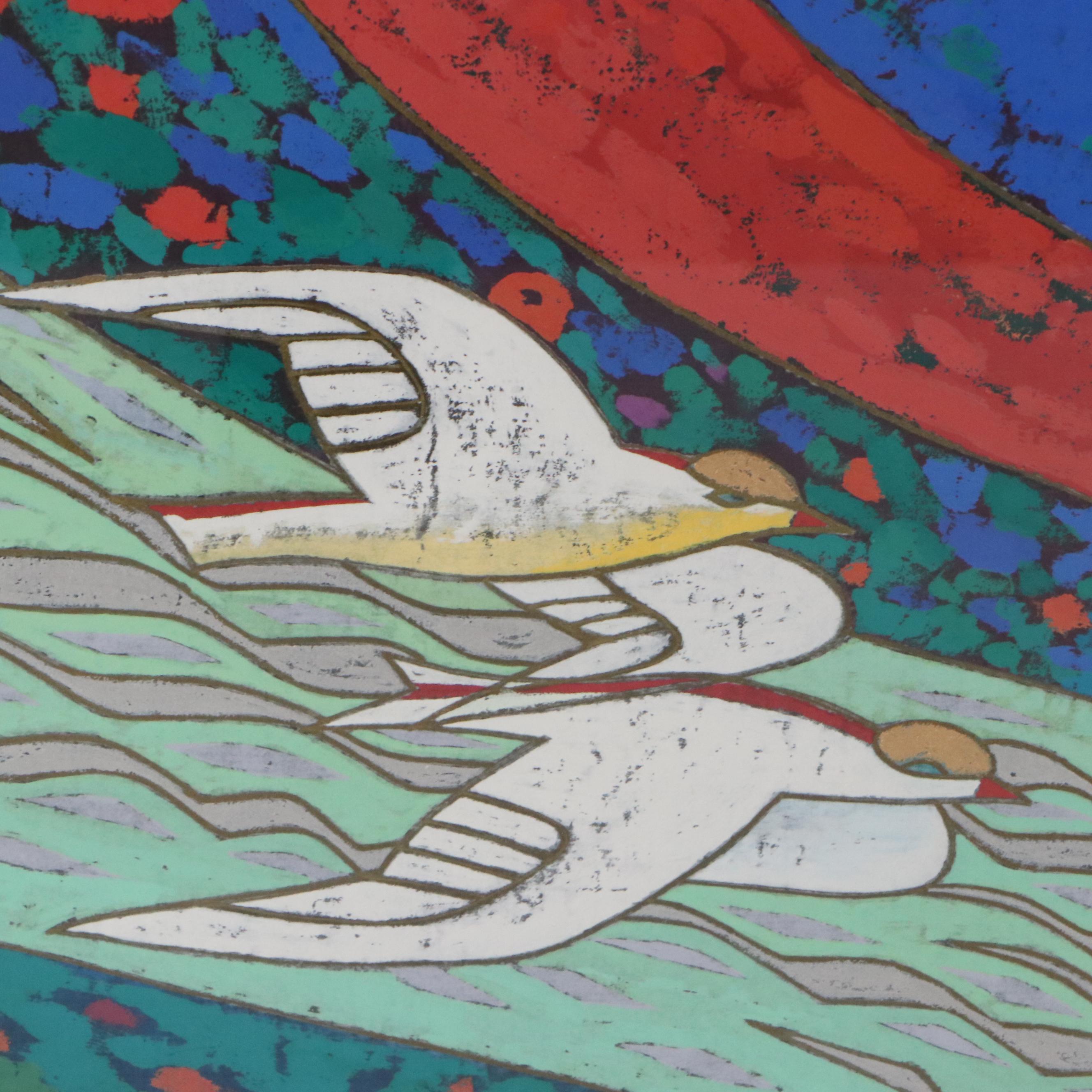 Xiang Qong Figural Gouache Painting "Lady with Birds," 1989