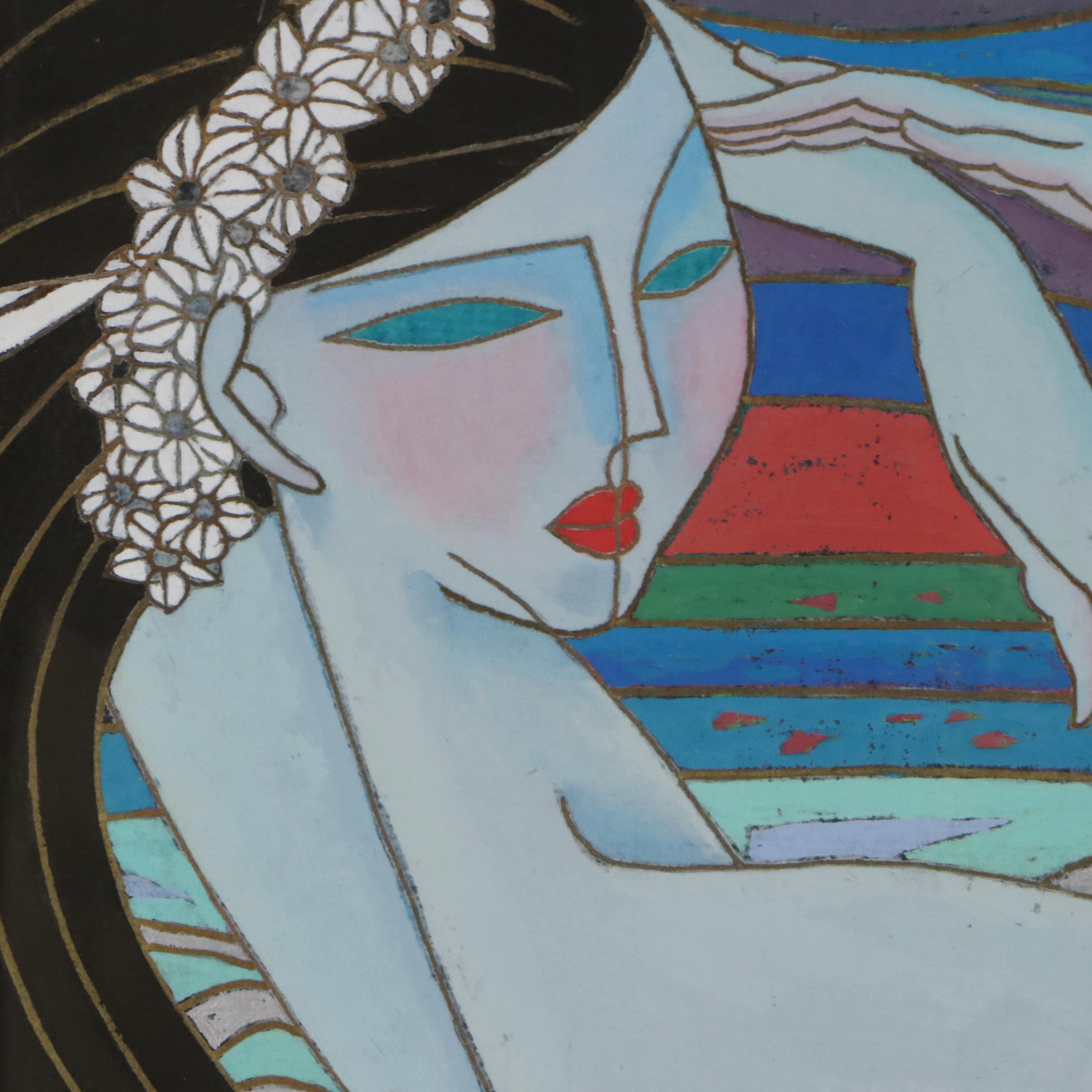 Xiang Qong Figural Gouache Painting "Lady with Birds," 1989