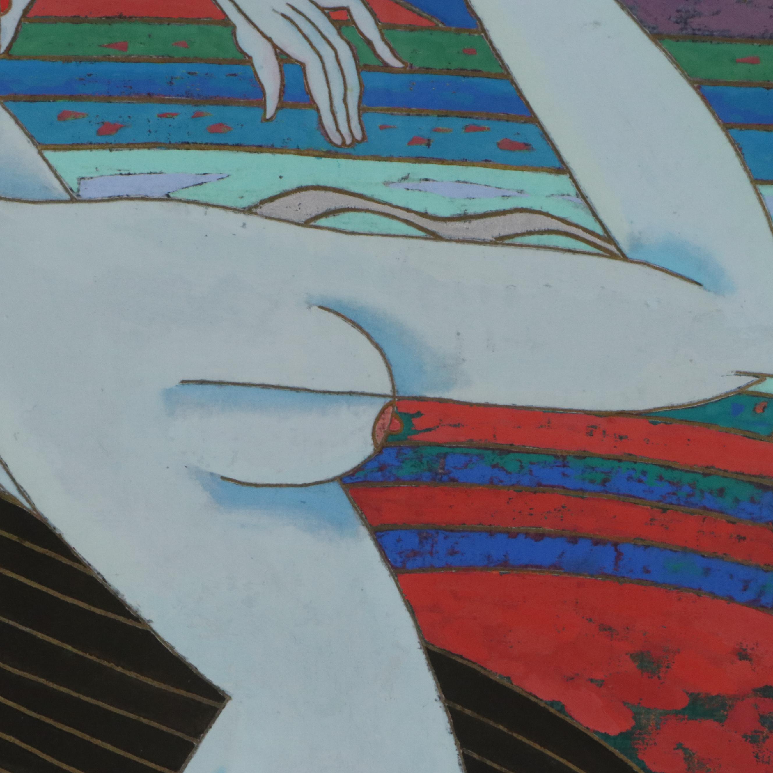 Xiang Qong Figural Gouache Painting "Lady with Birds," 1989