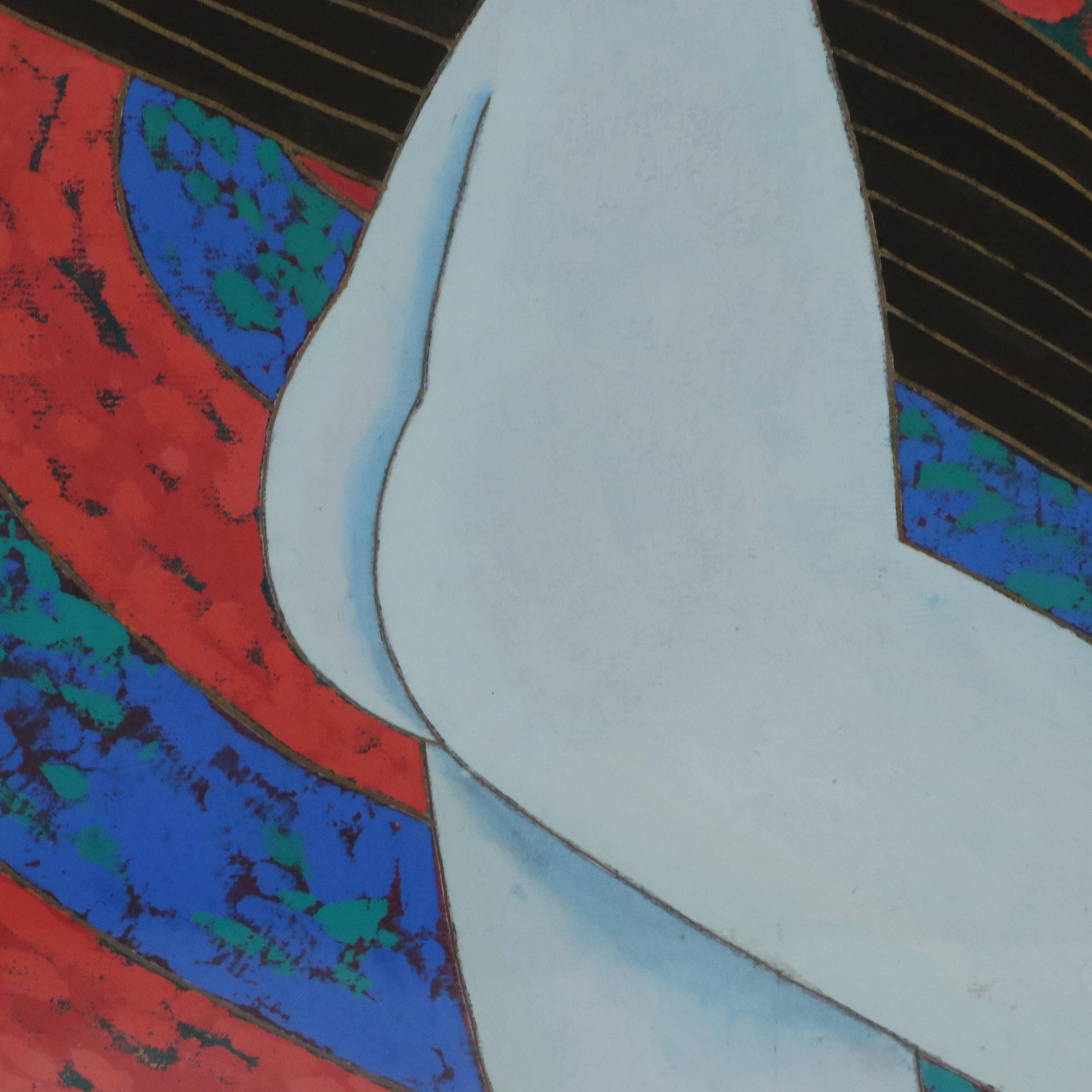 Xiang Qong Figural Gouache Painting "Lady with Birds," 1989