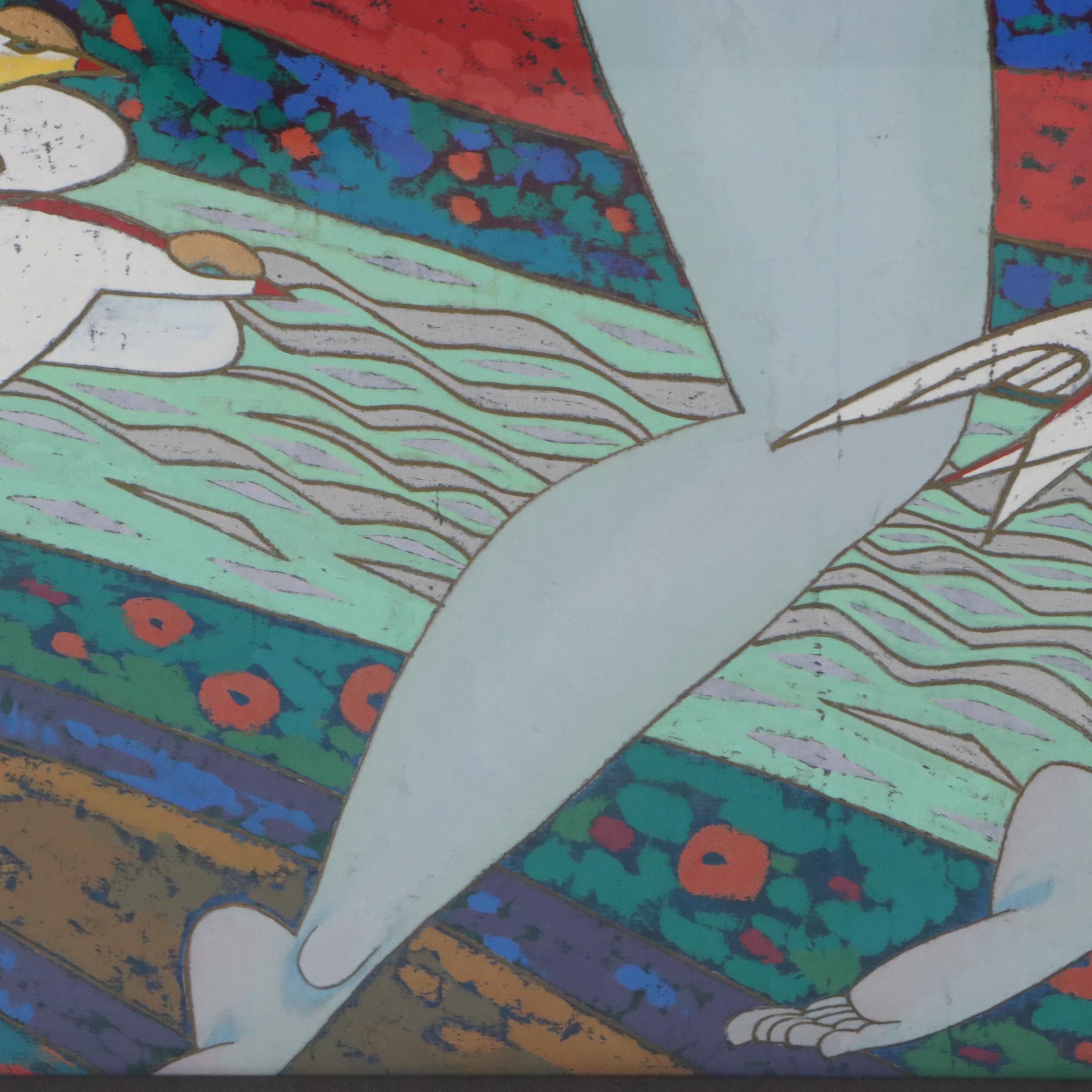 Xiang Qong Figural Gouache Painting "Lady with Birds," 1989