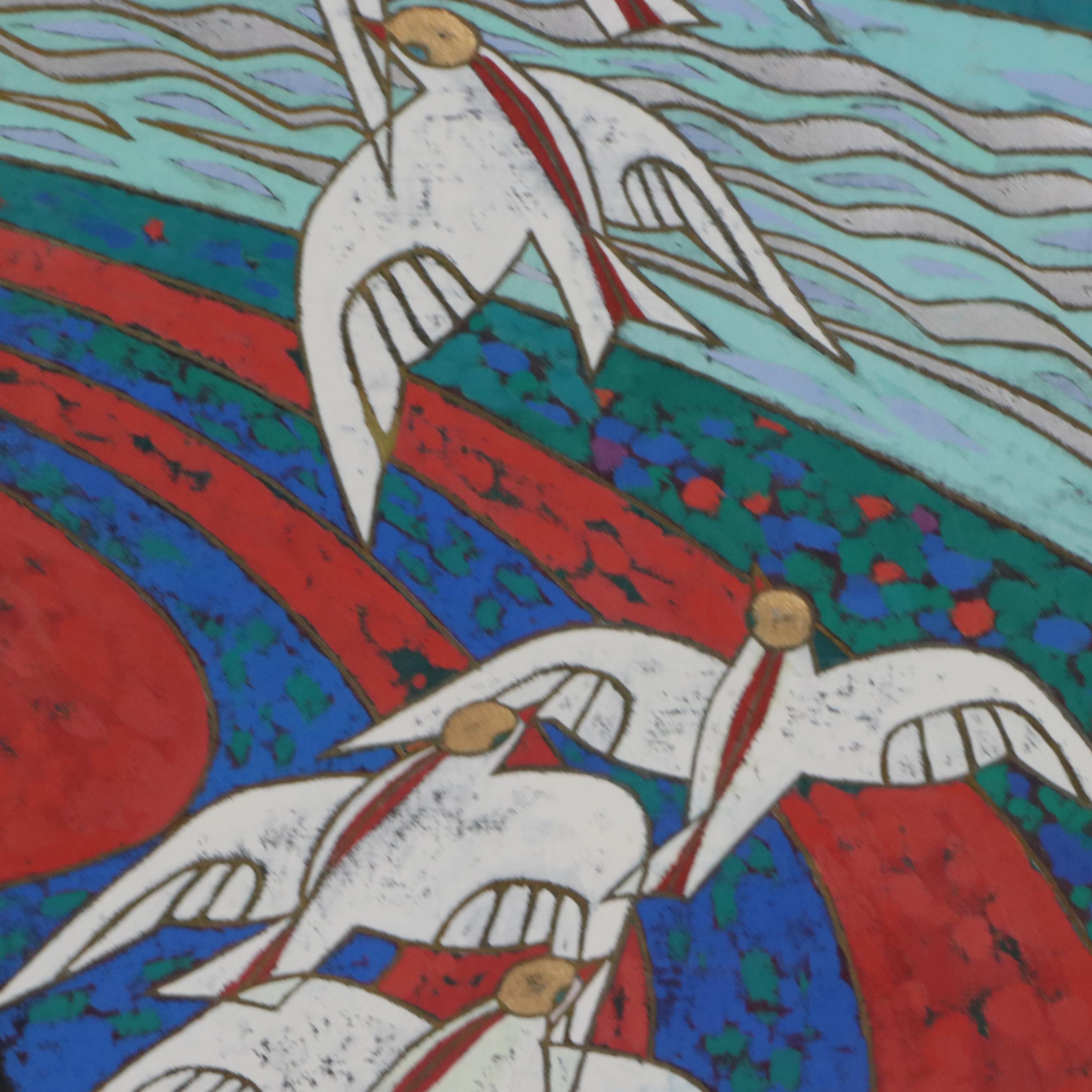 Xiang Qong Figural Gouache Painting "Lady with Birds," 1989