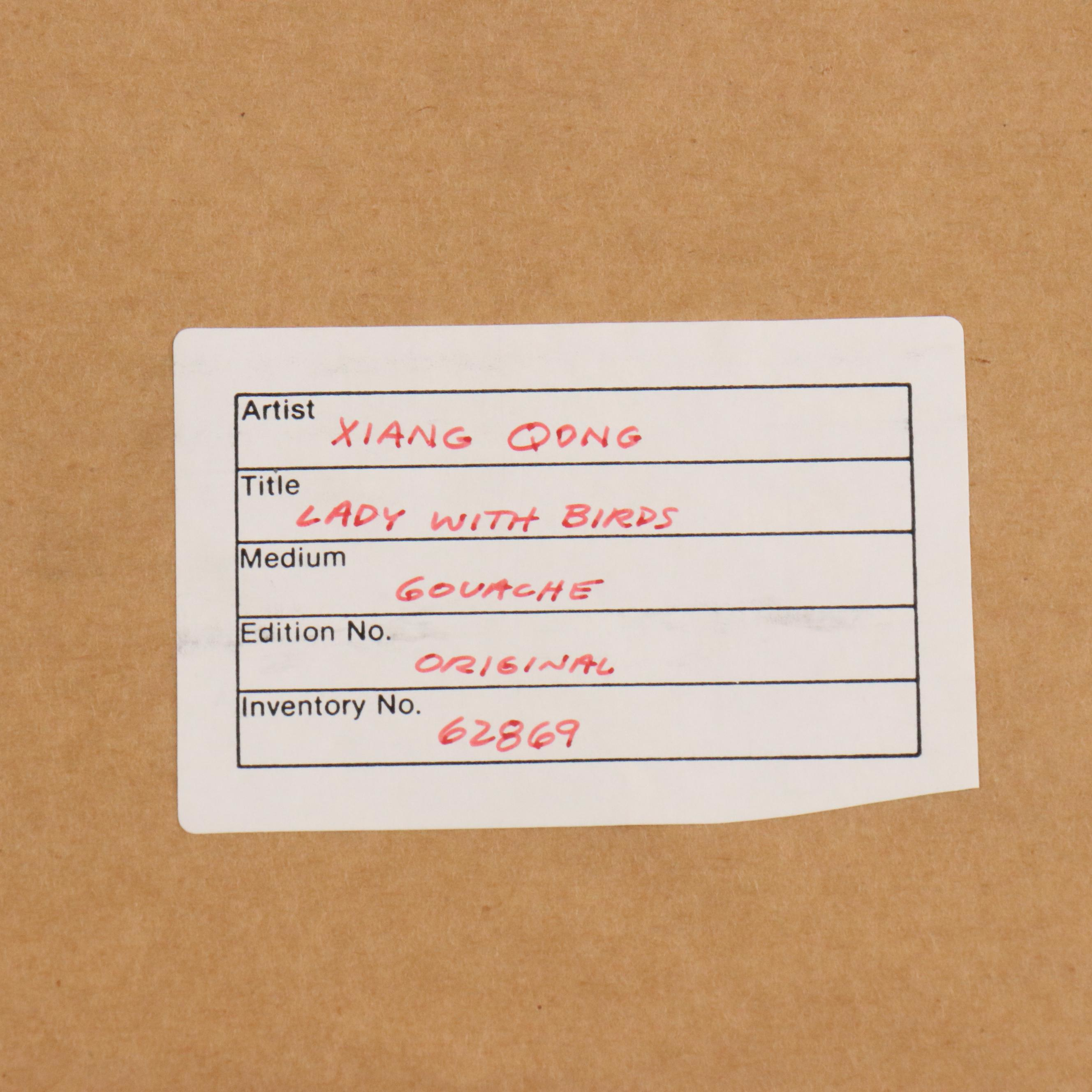 Xiang Qong Figural Gouache Painting "Lady with Birds," 1989