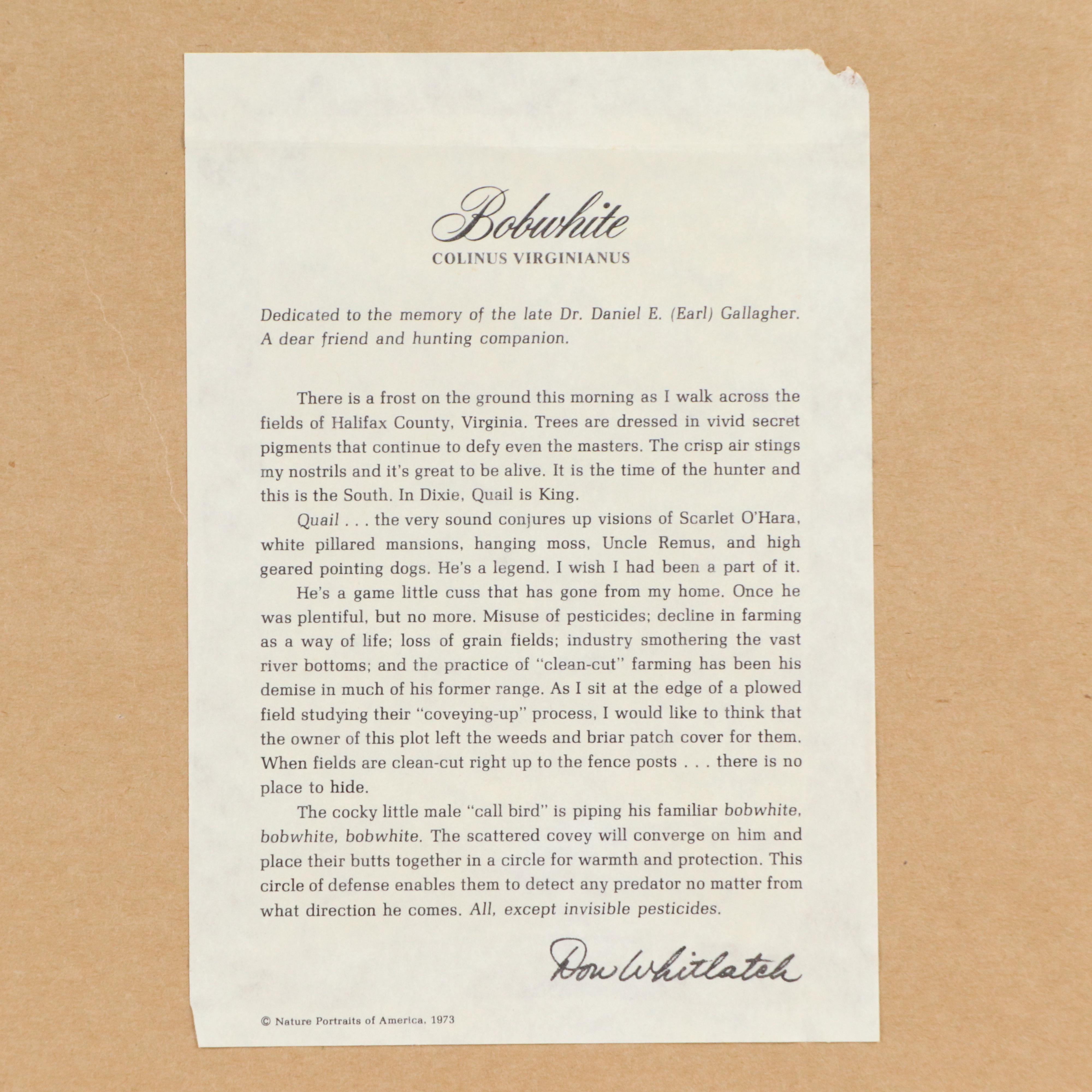 Don Whitlatch Offset Lithograph "Bobwhite Quail"