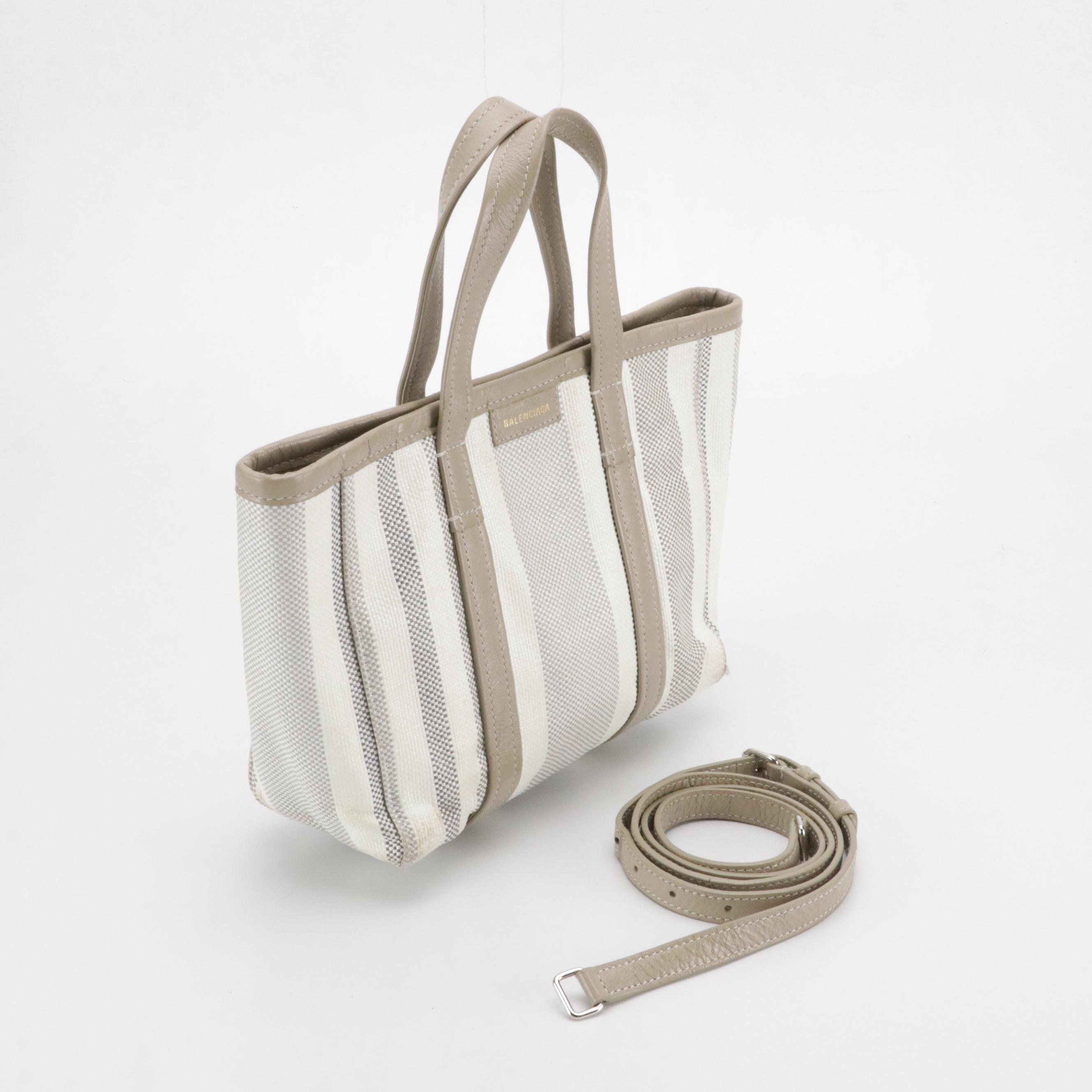 Balenciaga Small Barbes East-West Two Way Tote Bag in Shiny Striped Canvas