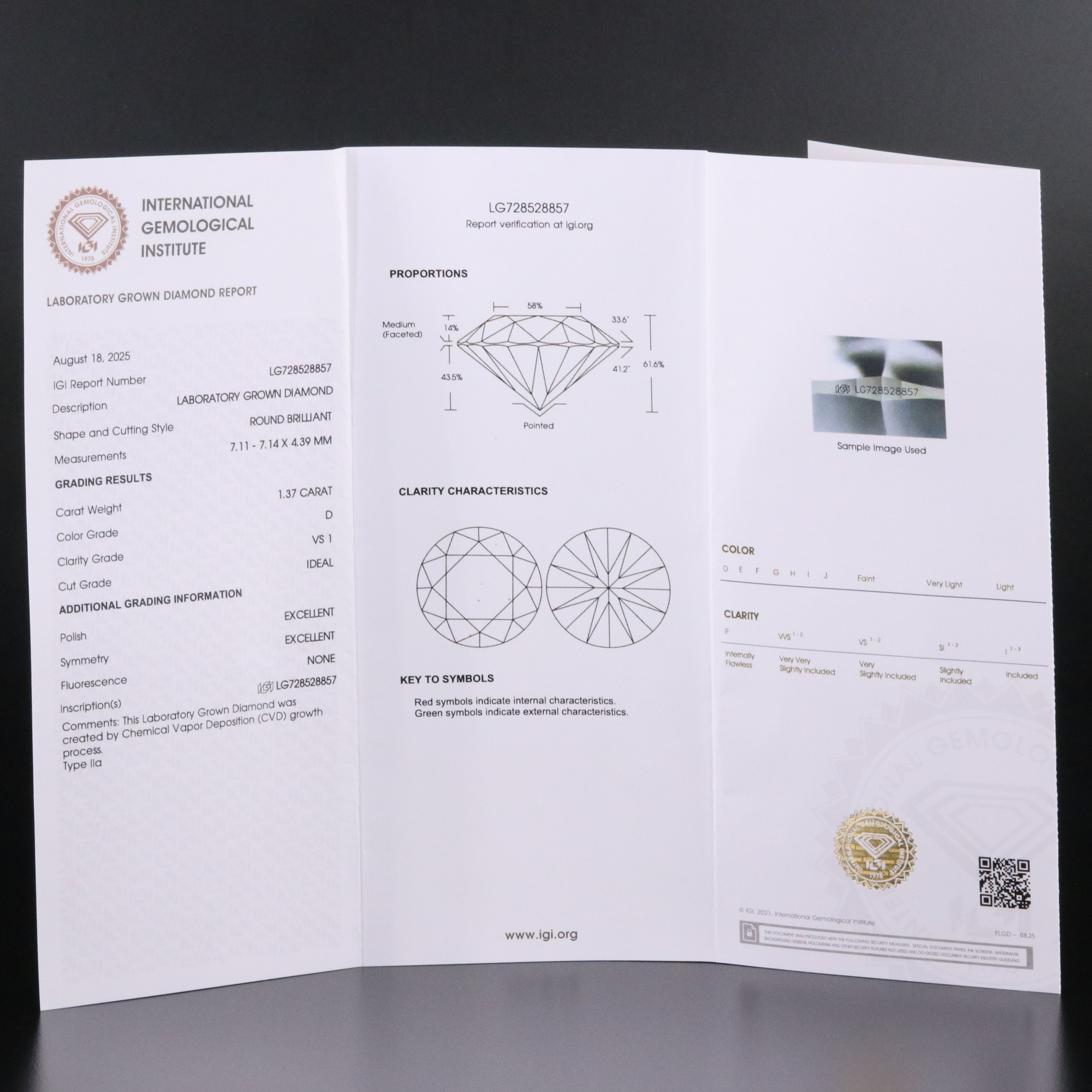 Loose 1.37 CT Lab Grown Diamond with IGI Report