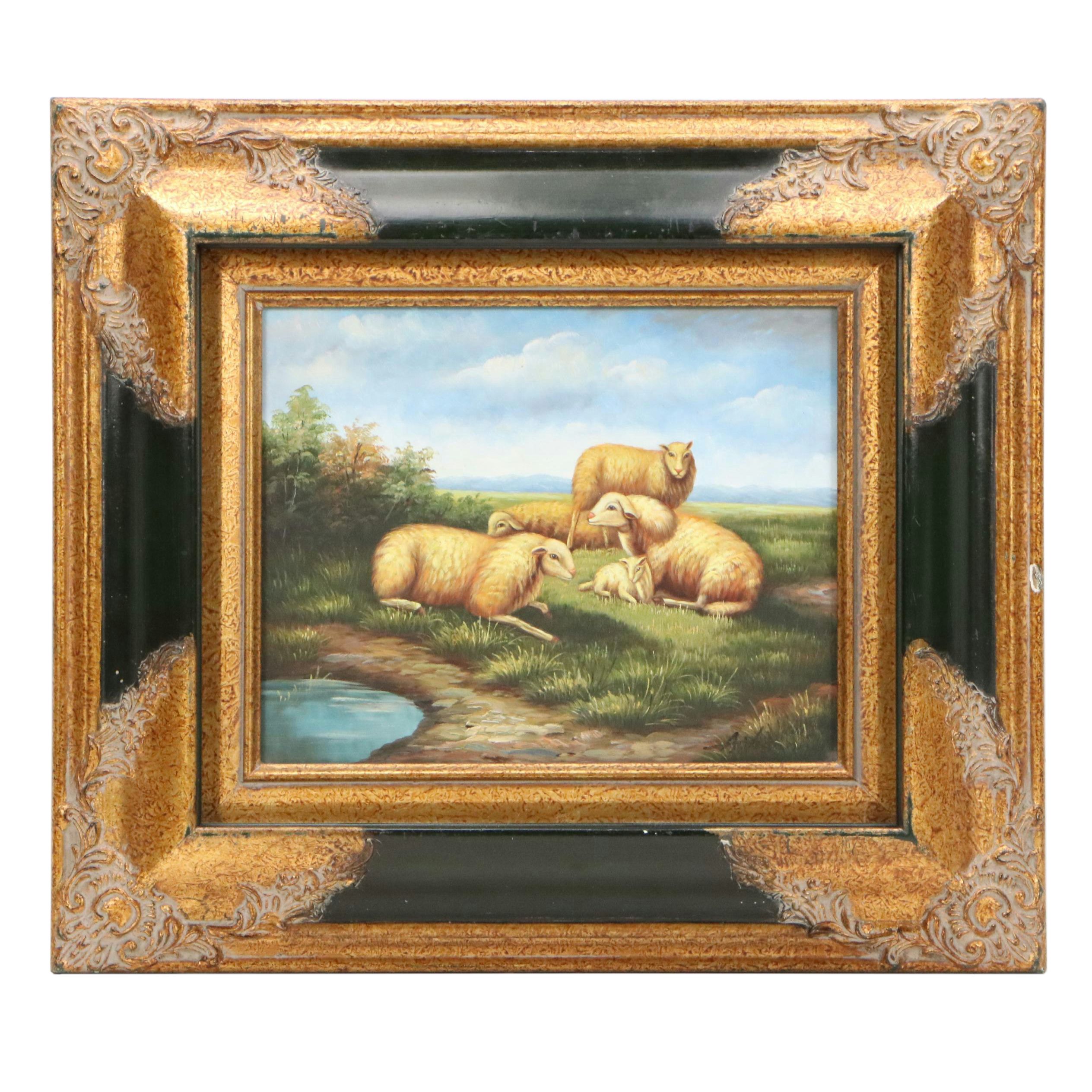 Landscape Oil Painting with Sheep Herd