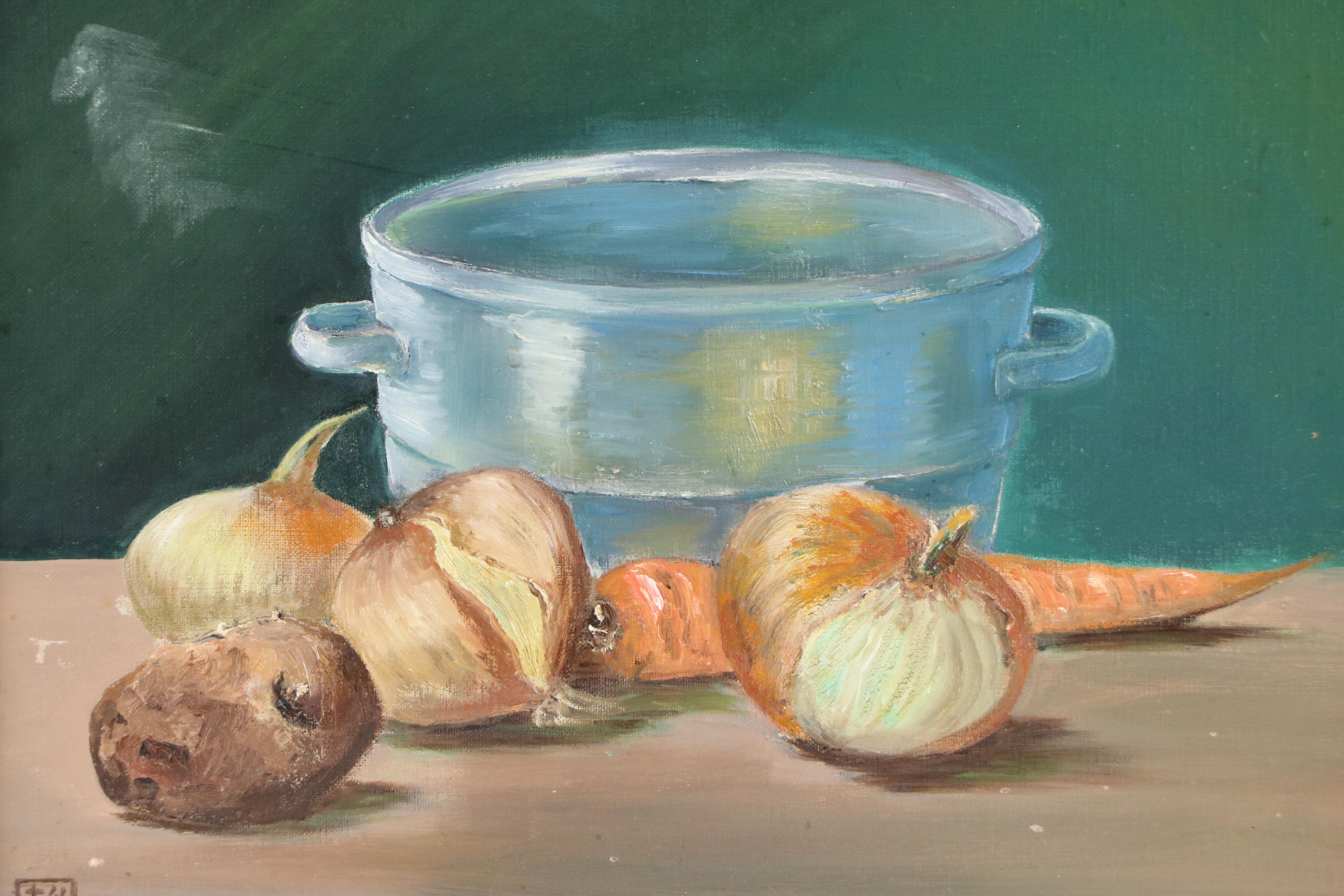 Still Life Oil Painting of Onions, Mid-20th Century