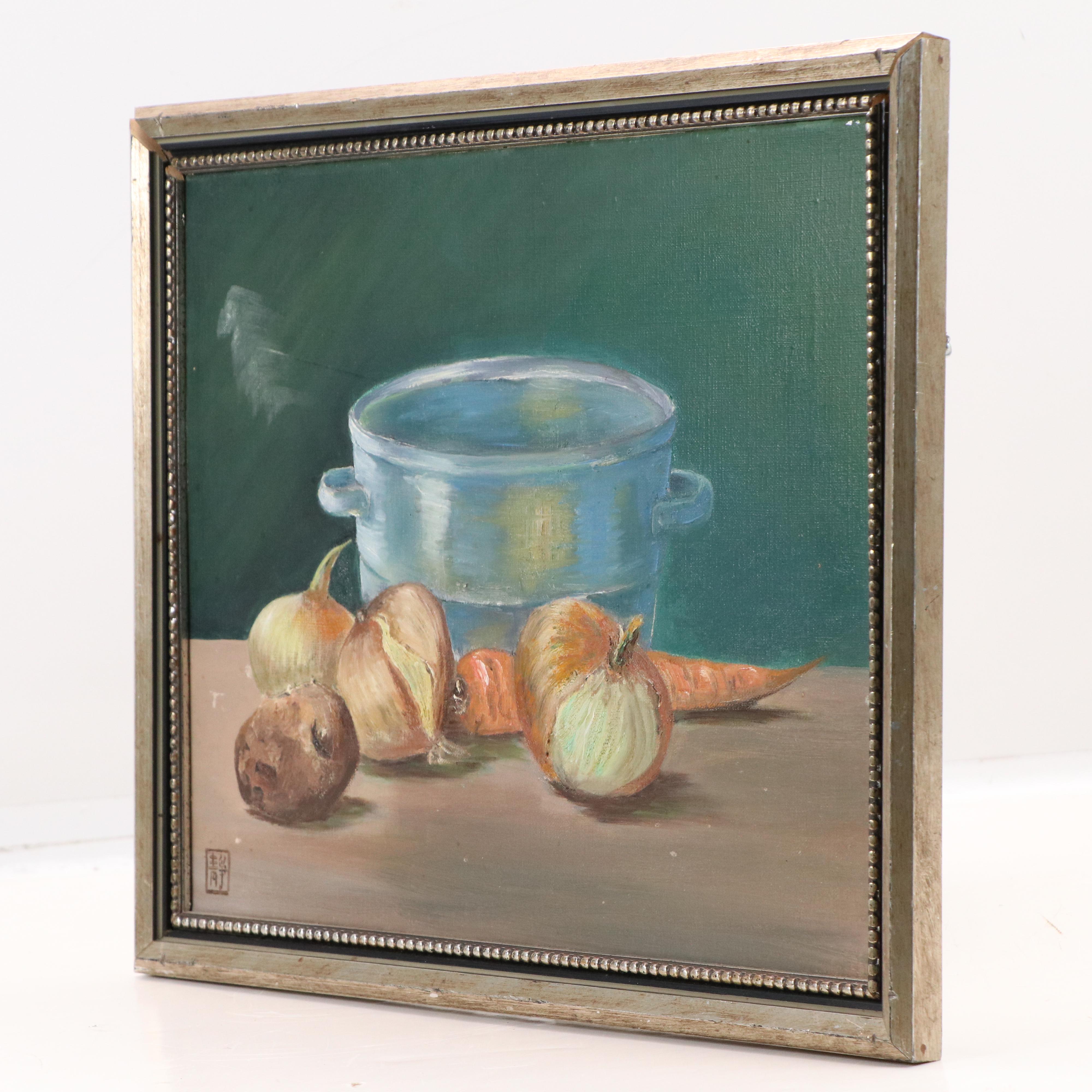 Still Life Oil Painting of Onions, Mid-20th Century