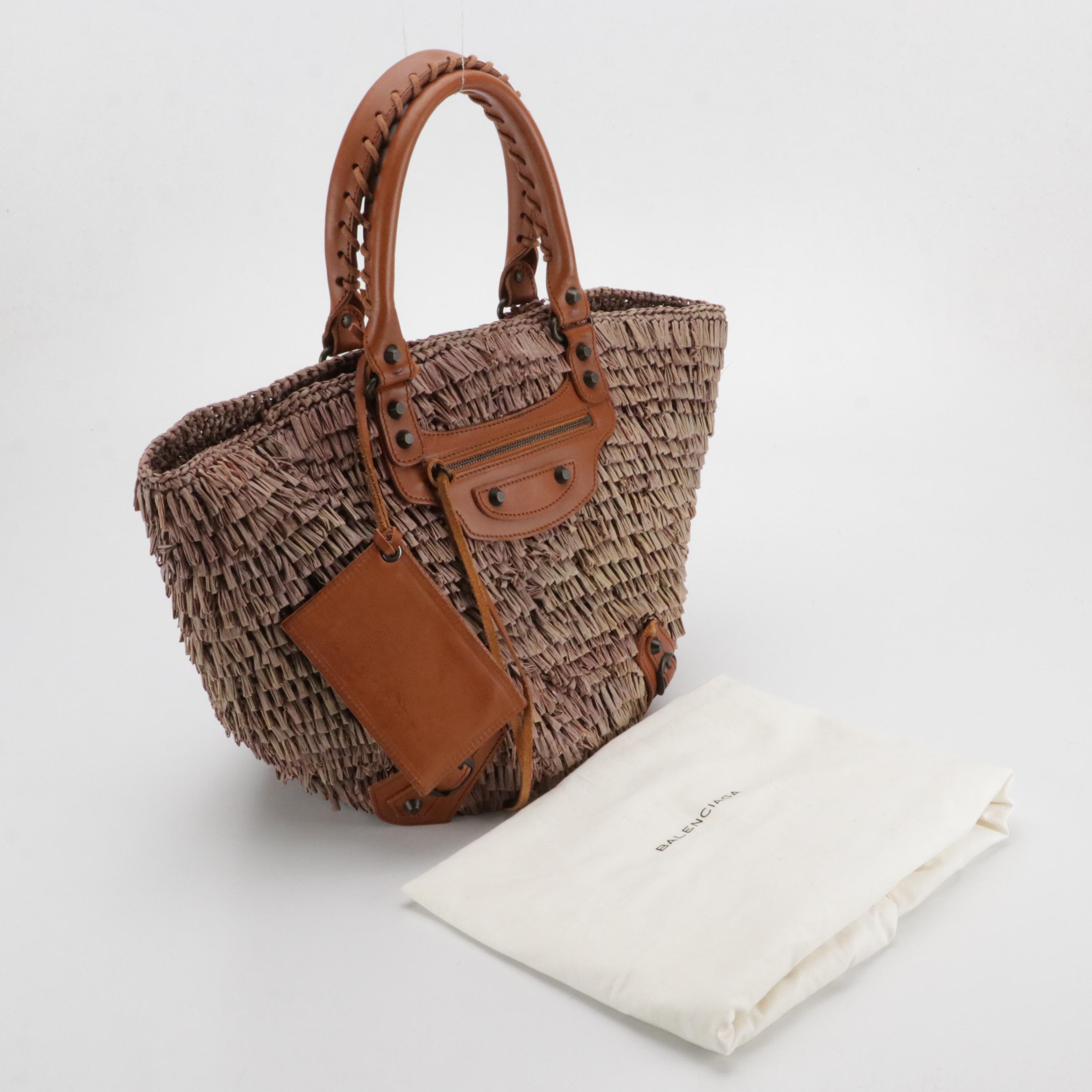Balenciaga Panier Basket Tote in Frayed Raffia and Caramel Brown Leather Trim