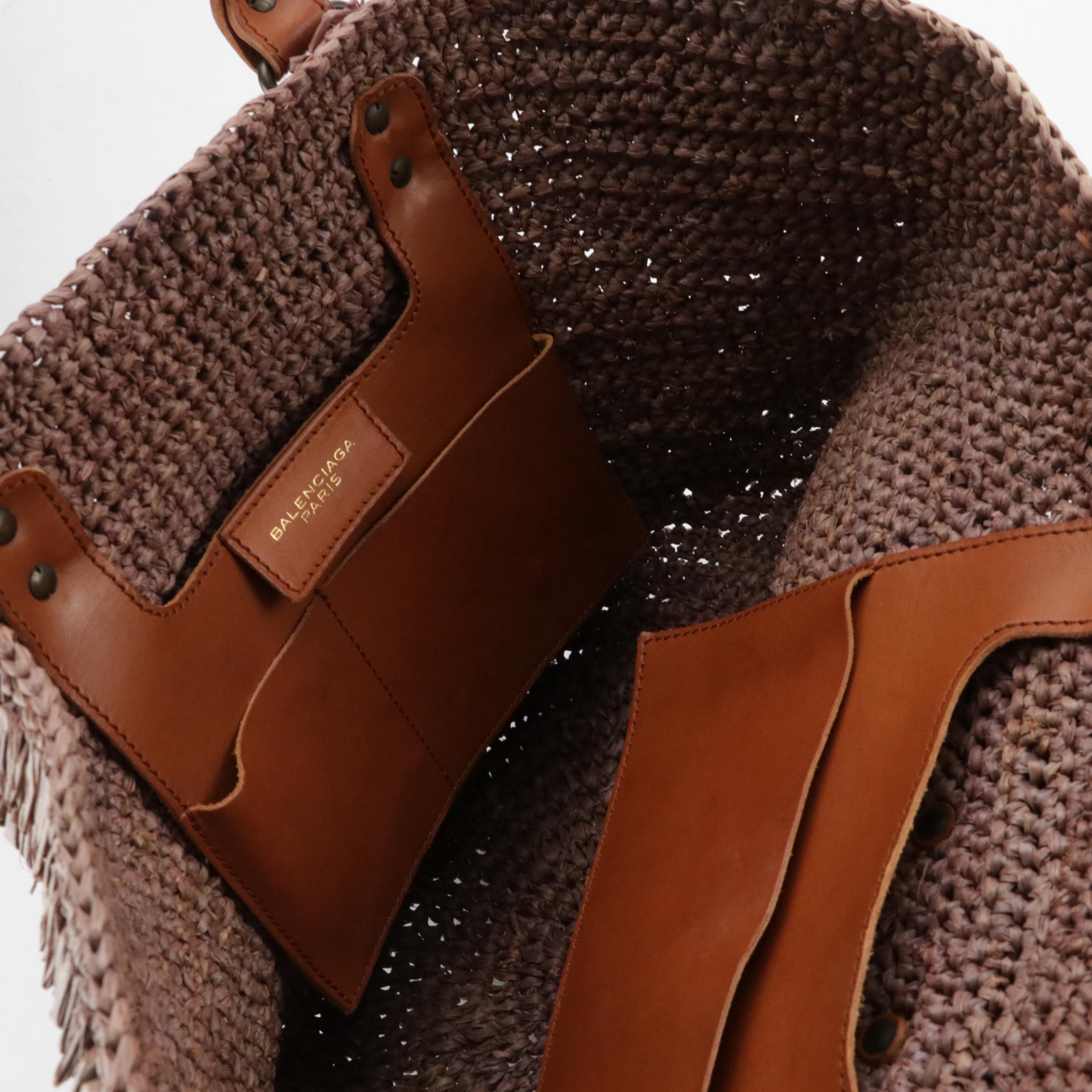 Balenciaga Panier Basket Tote in Frayed Raffia and Caramel Brown Leather Trim