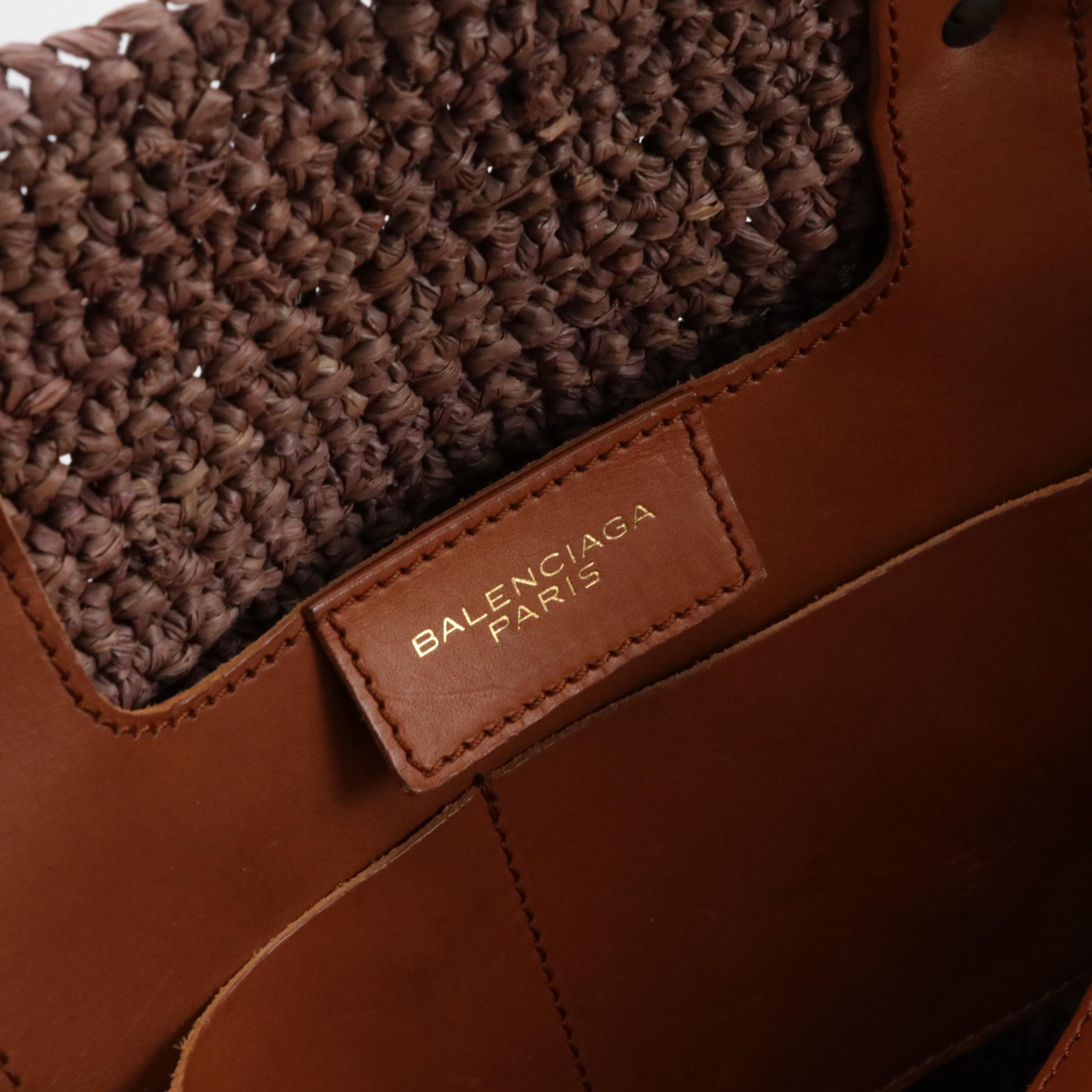 Balenciaga Panier Basket Tote in Frayed Raffia and Caramel Brown Leather Trim