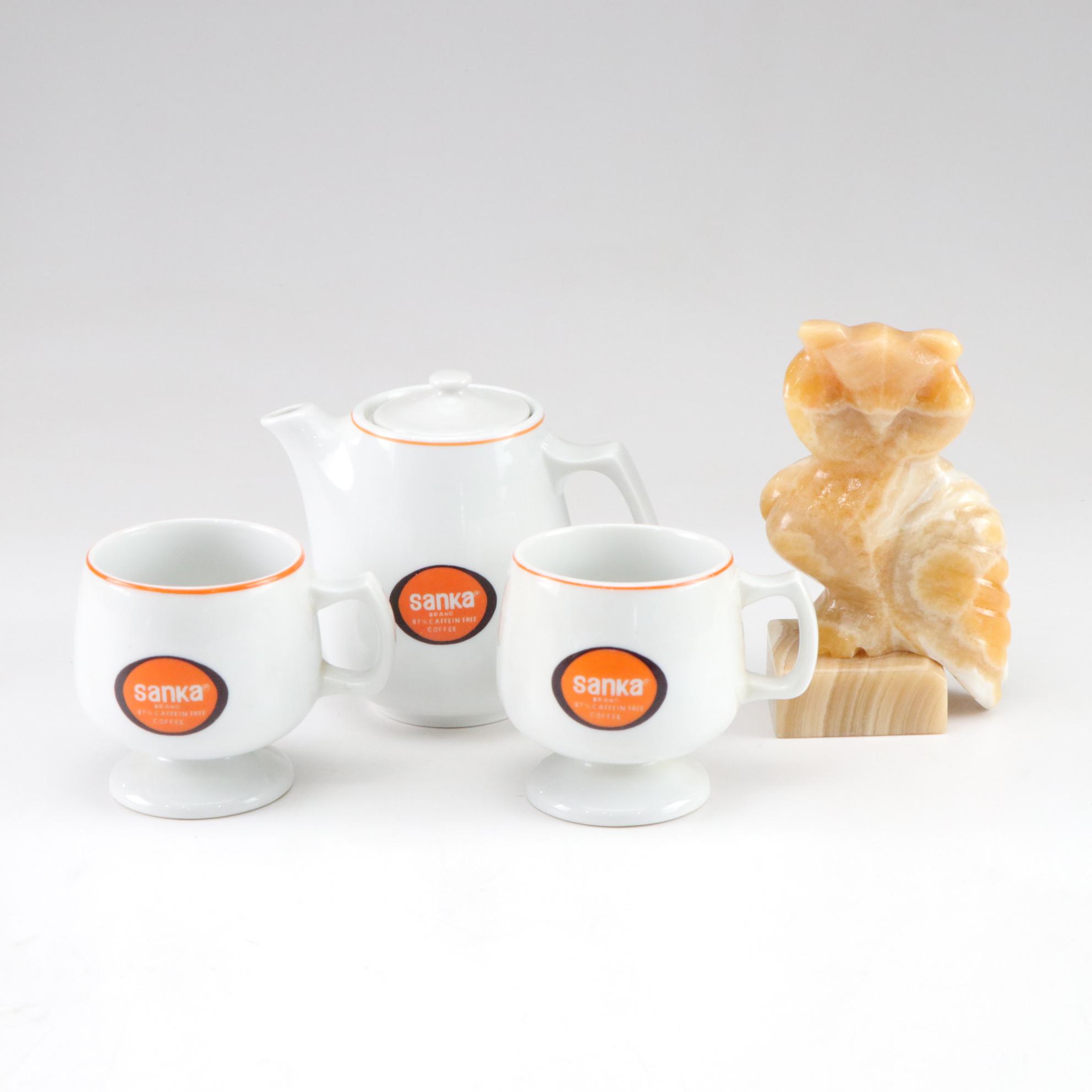 Orange Calcite Carved Owl with Sanka Decaf Coffee Pot