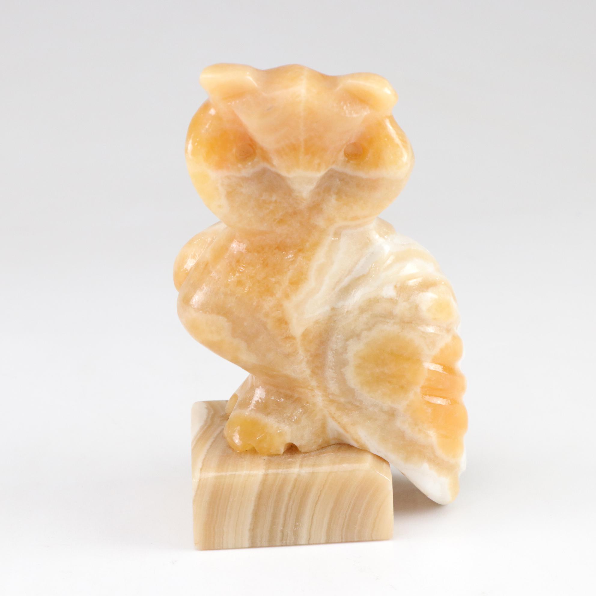 Orange Calcite Carved Owl with Sanka Decaf Coffee Pot