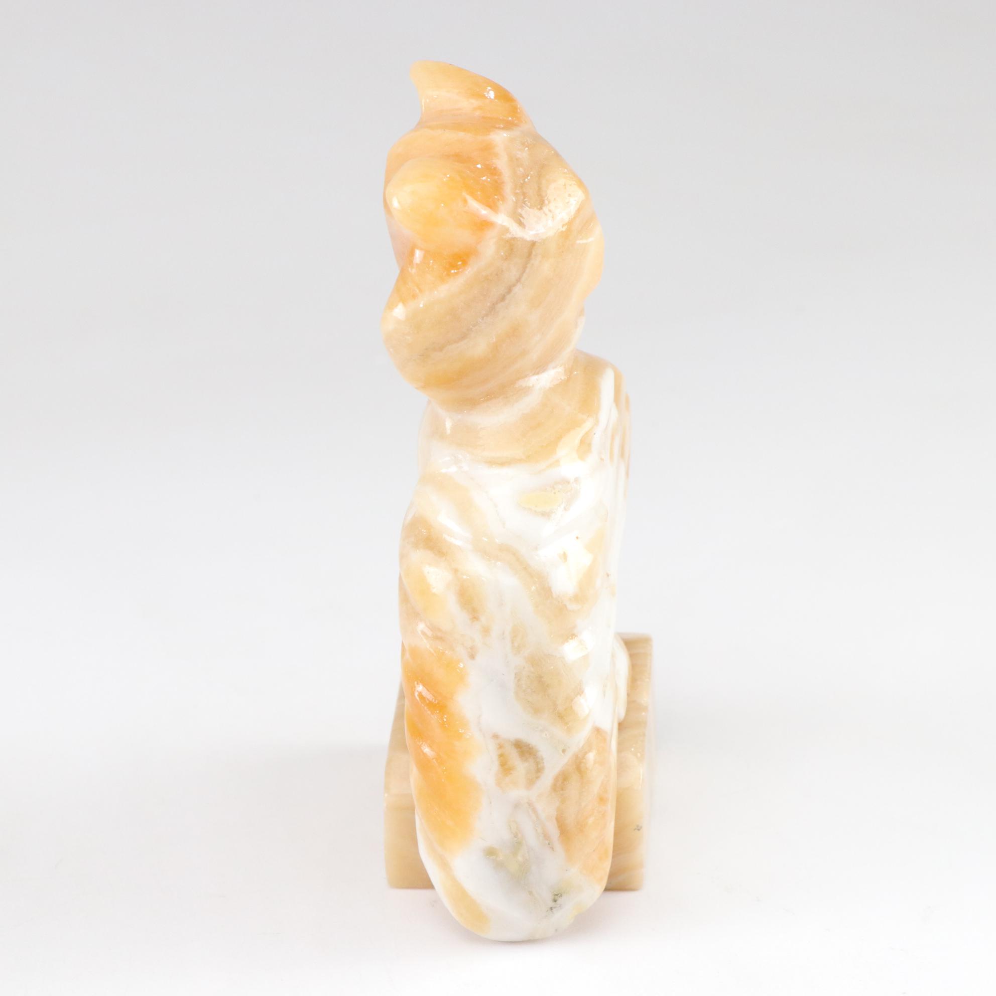 Orange Calcite Carved Owl with Sanka Decaf Coffee Pot