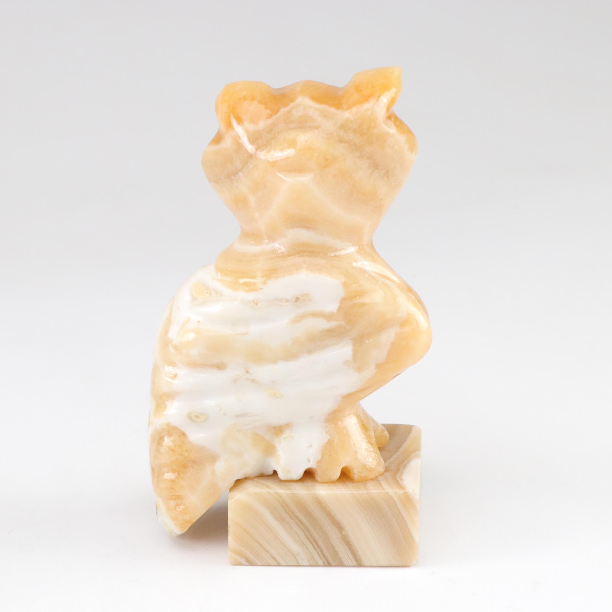 Orange Calcite Carved Owl with Sanka Decaf Coffee Pot