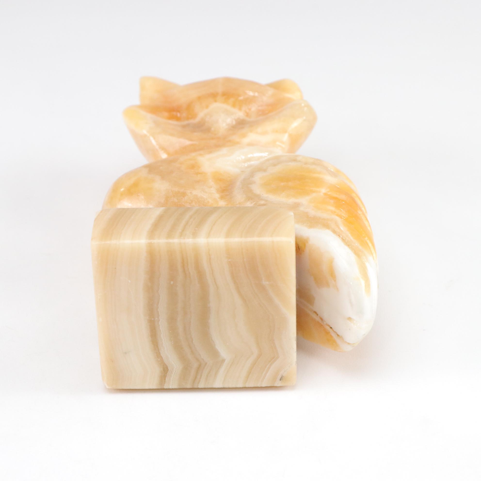 Orange Calcite Carved Owl with Sanka Decaf Coffee Pot