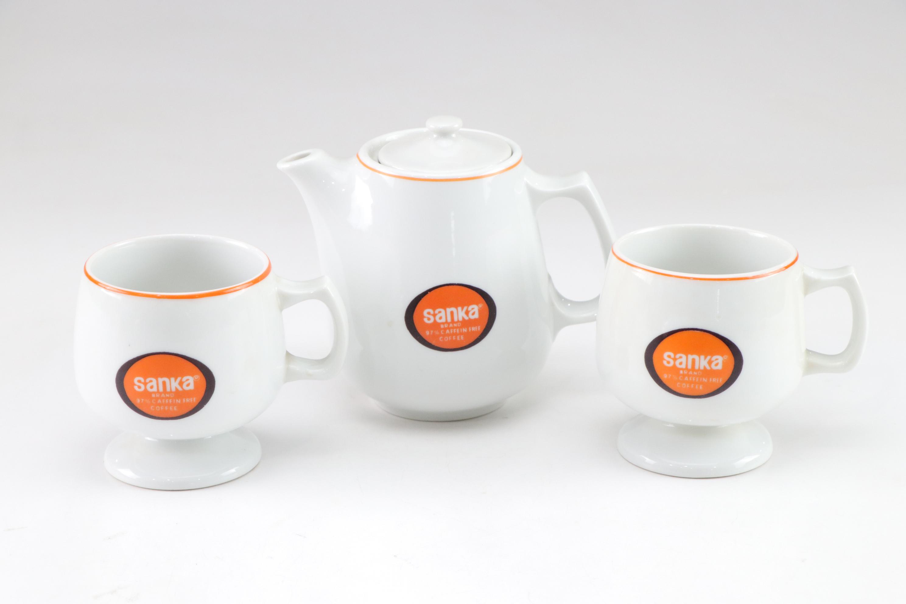 Orange Calcite Carved Owl with Sanka Decaf Coffee Pot