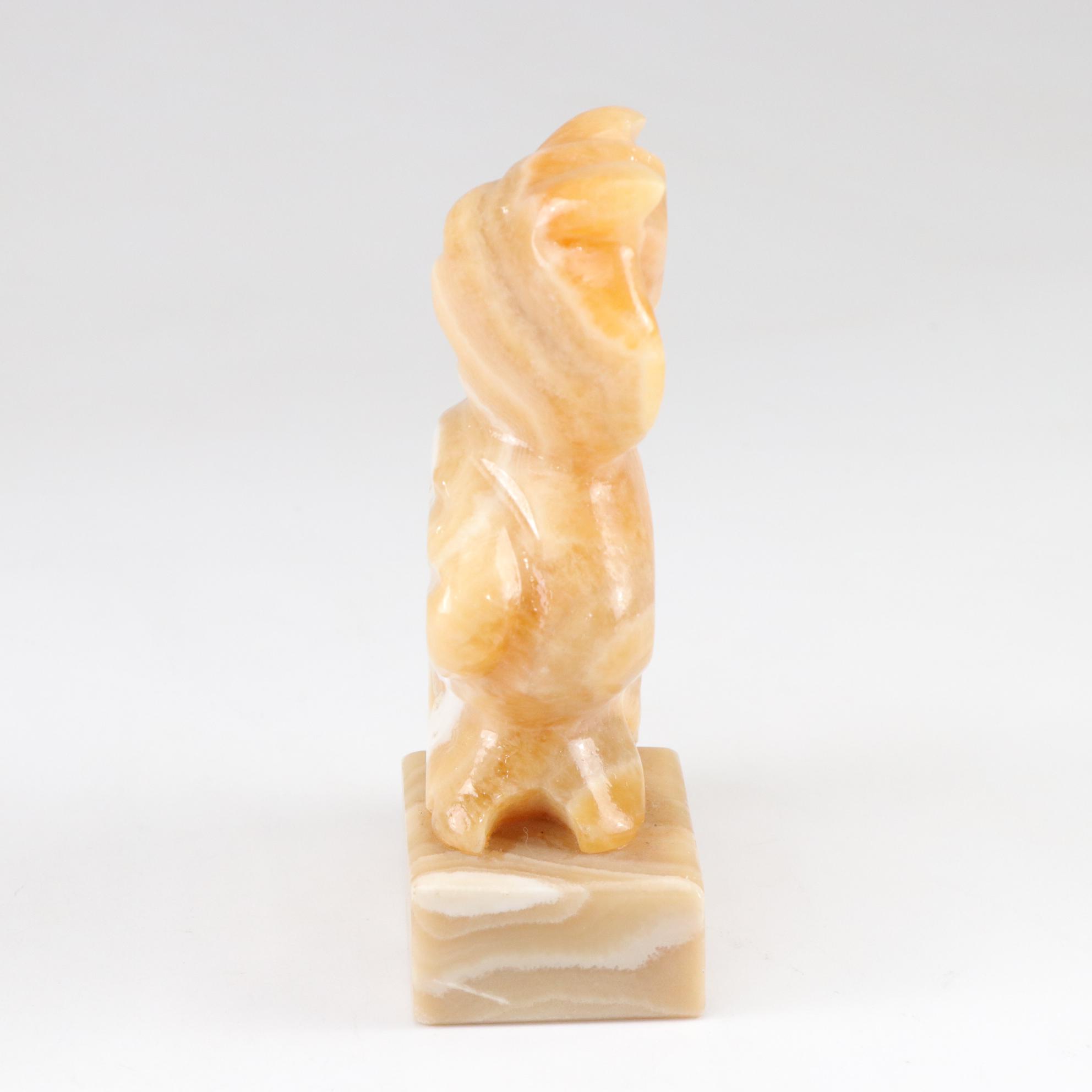 Orange Calcite Carved Owl with Sanka Decaf Coffee Pot