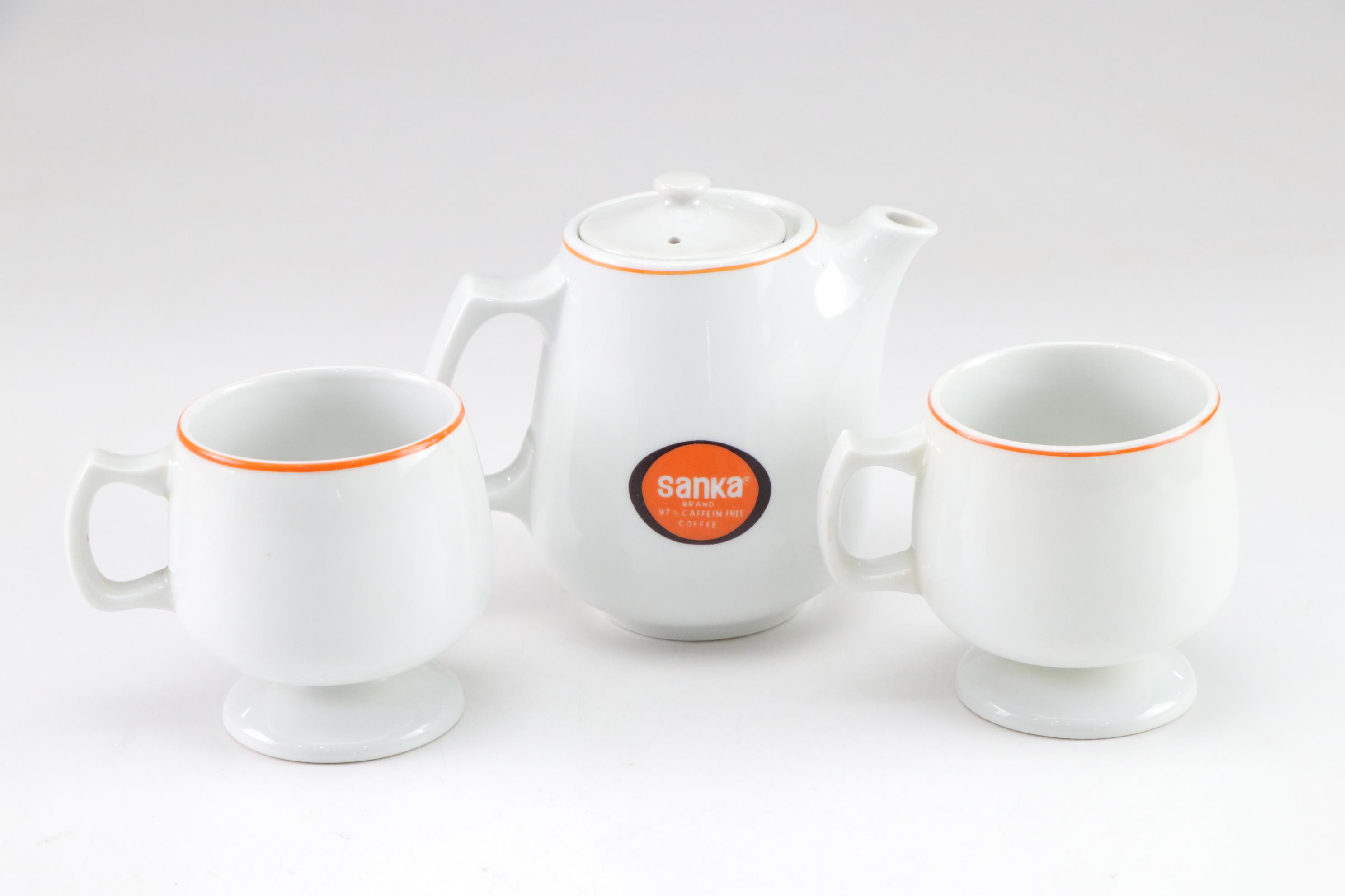 Orange Calcite Carved Owl with Sanka Decaf Coffee Pot